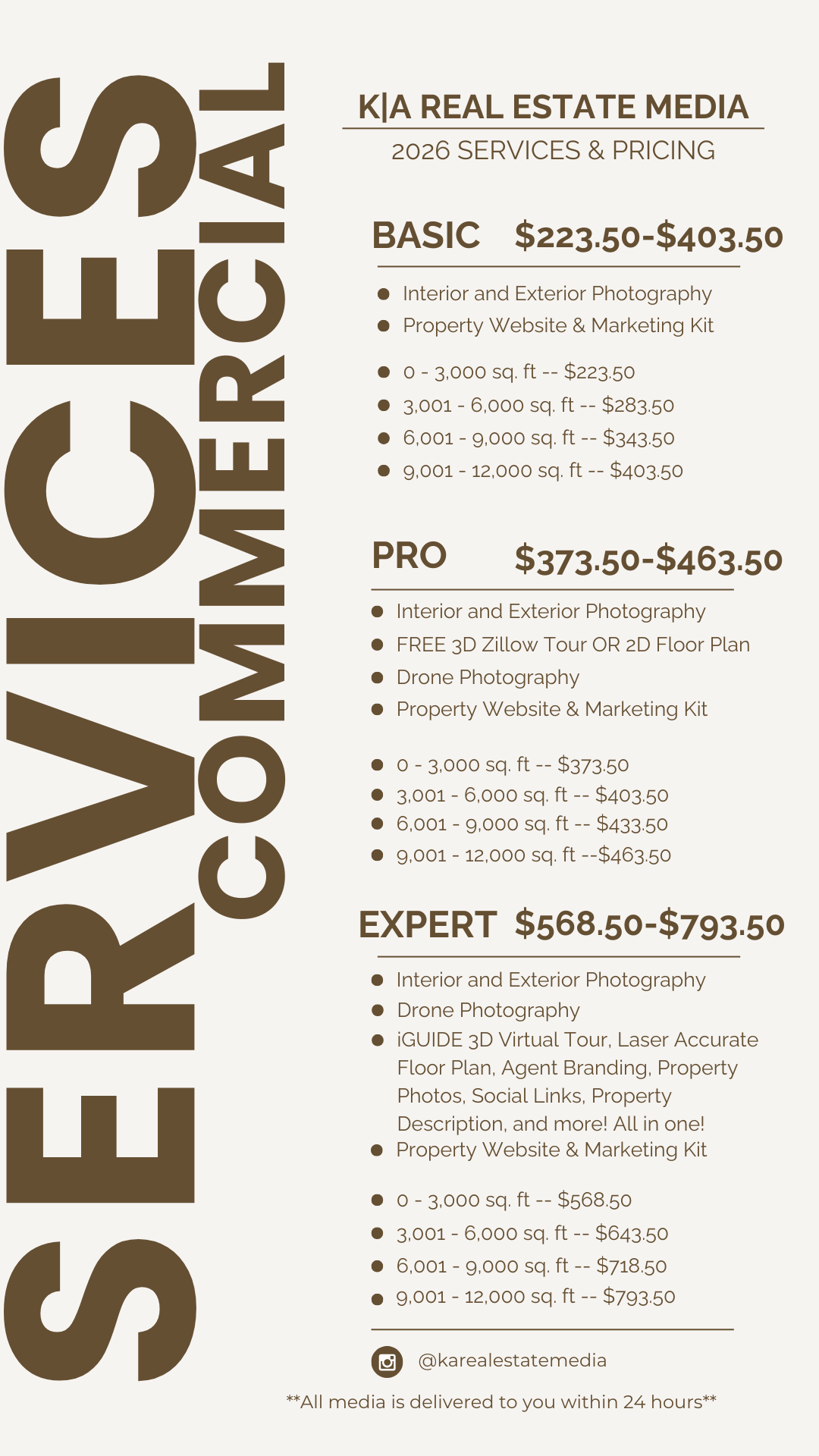 List of commerical pricing for home builders, apartments, and commercial properties.