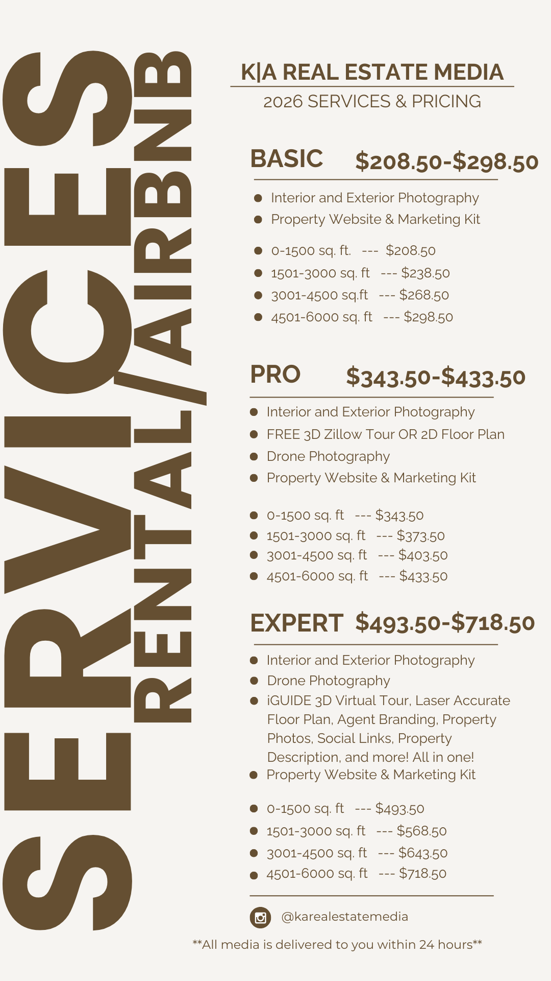 Listing of services and pricing for rental and Airbnb properties.