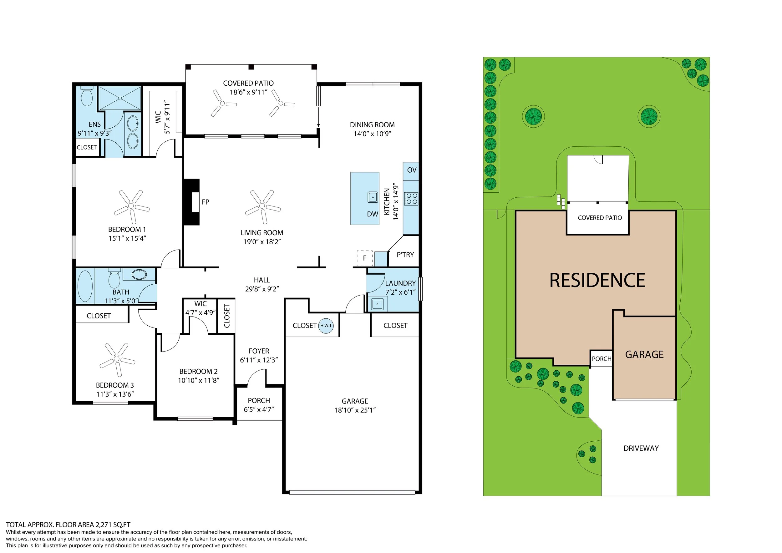 A detailed floor plan of a house showing various rooms, a yard, and landscaping with trees and bushes.
