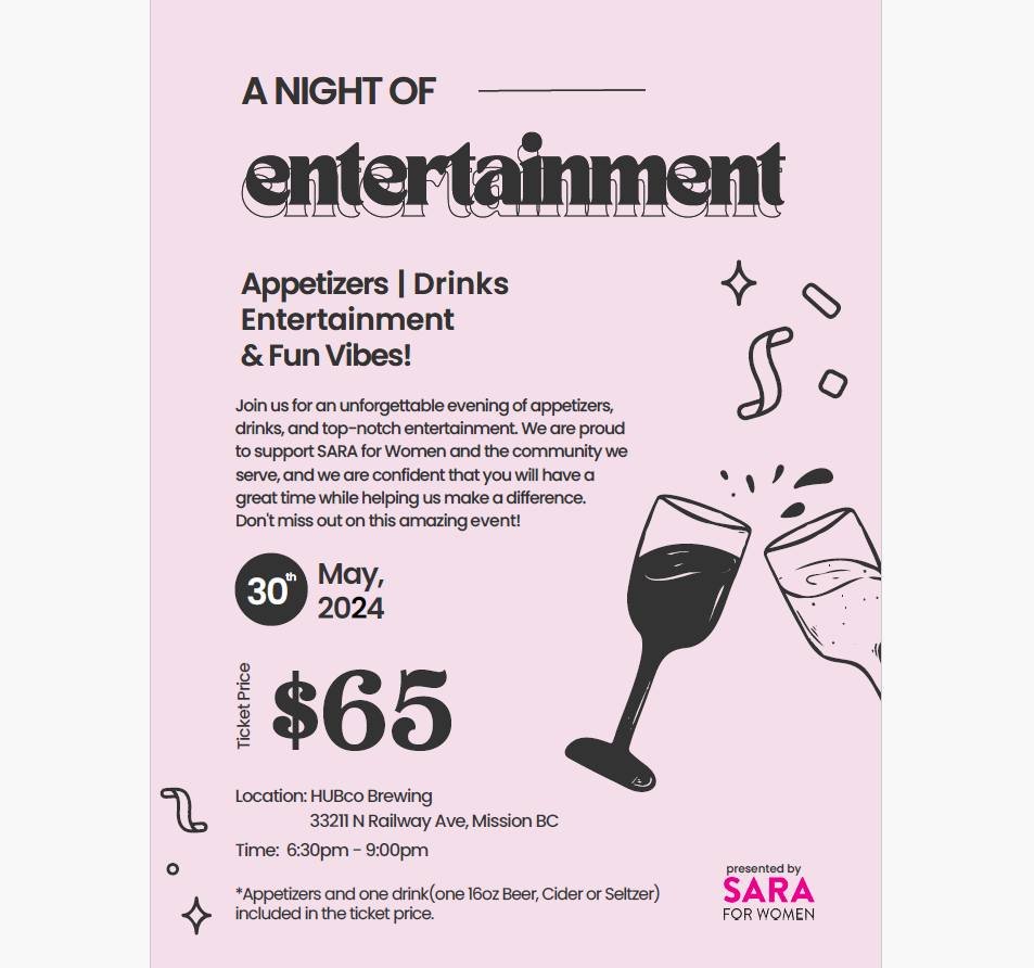 Join us for an unforgettable evening of appetizers, drinks, and top-notch entertainment. We are proud to support SARA for Women and the community we serve, and we are confident that you will have a great time while helping us make a difference. Don't