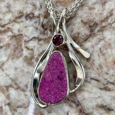 Pink Cobalt Calcite Drusy and Shodolite Garnet Pendant
