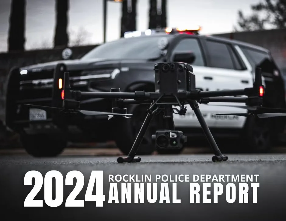 A police drone set up in front of a police vehicle on a street with trees and a fence, with the text '2024 Rocklin Police Department Annual Report' at the bottom.