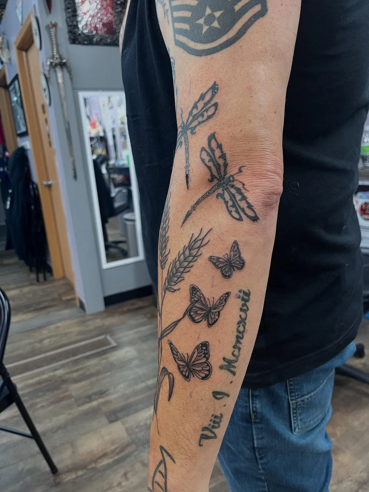 Thank you to @papasheim a really nice elegant sleeve is starting to coalesce. We added some shading to an existing wheat plant tattoo, butterfly&rsquo;s, dragonfly&rsquo;s, and a humming bird with a bit of tribal flair! Lovely collaborative experienc
