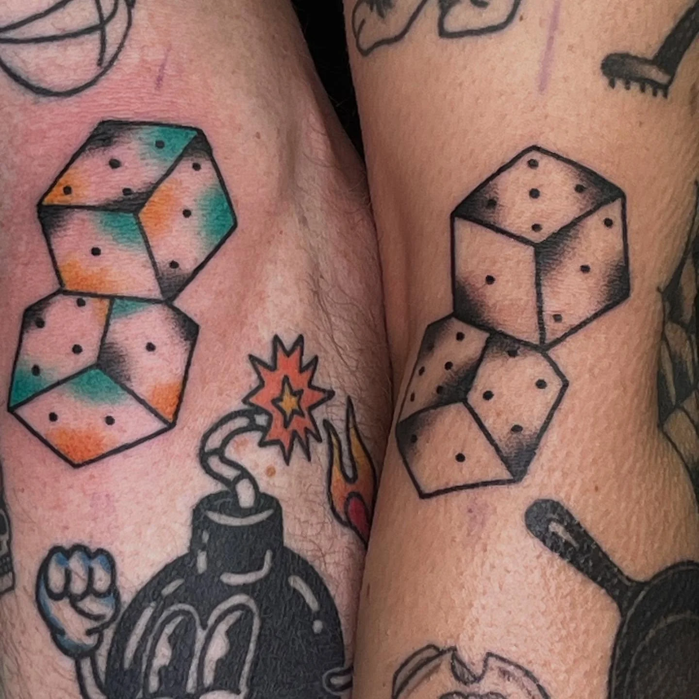Clackity clack! Roll the dice 🎲 bb! For Nick and Madison! And fist-rose-pride-hand for Becca. Love you all and thank you for getting tattooed!