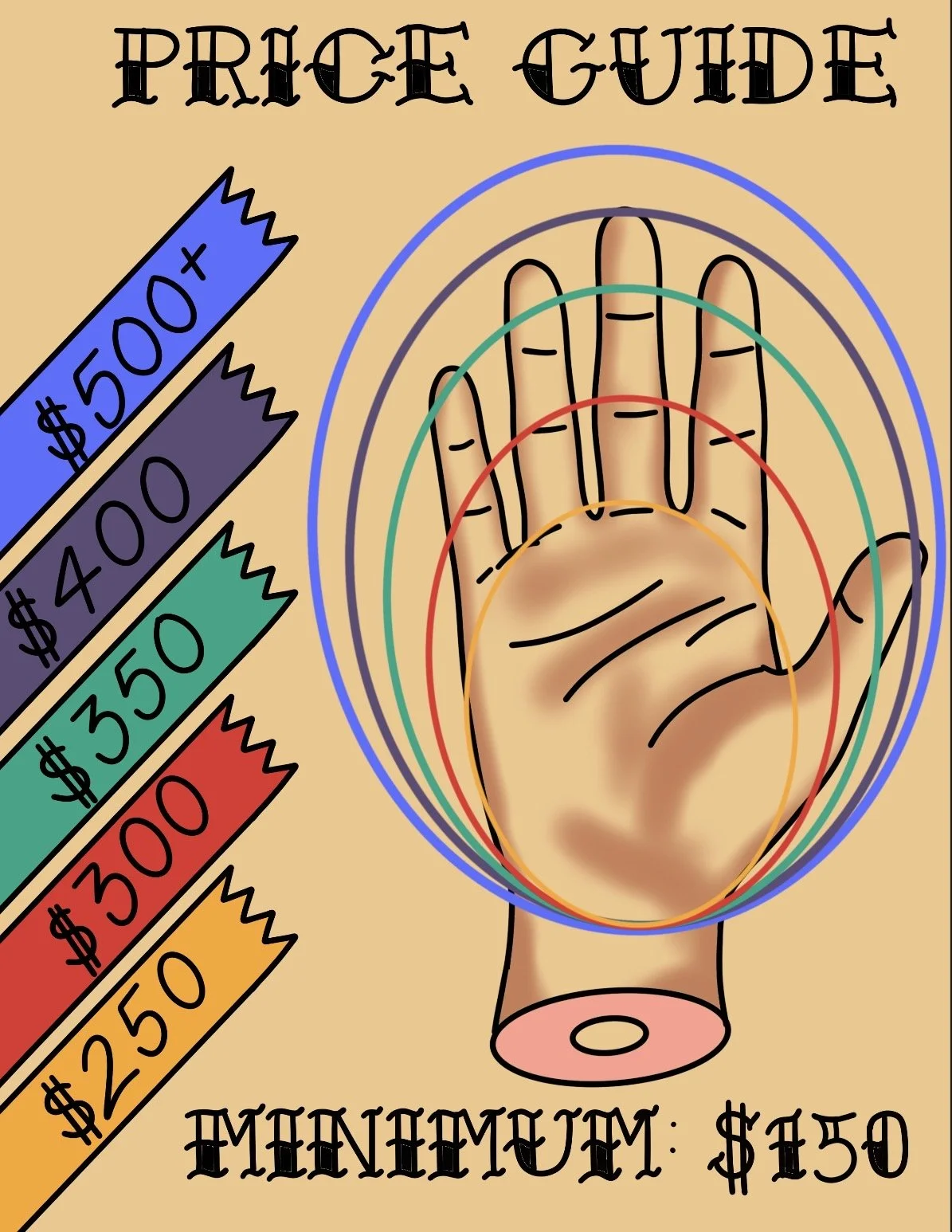 Visual price guide showing a human hand in relation to tattoo size and price Crispy Tattoo Mount Vernon Iowa