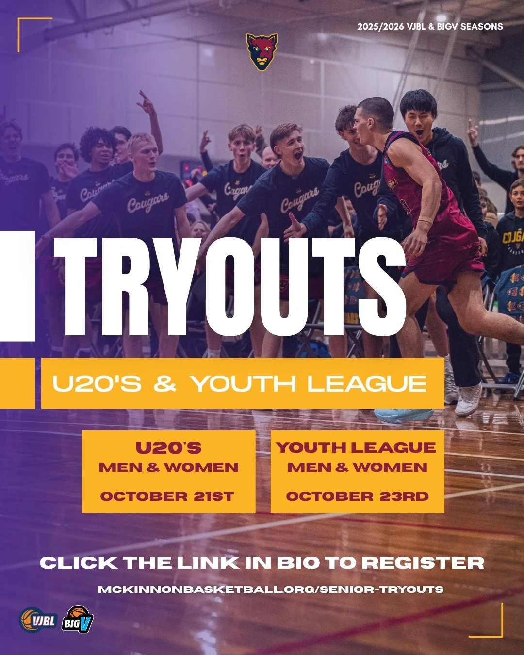 U20's &amp; YOUTH LEAGUE TRYOUT REGISTRATIONS 🔥
⁠
Register NOW to join a championship-winning program for season 2026 🐾

U20's TRYOUTS:
🗓️ Tuesday 21st of October⁠
🕛 WOMEN: 7PM-8:15PM, MEN: 8:15PM-9:45PM⁠
📍 Bentleigh Secondary College⁠
⁠
YOUTH L