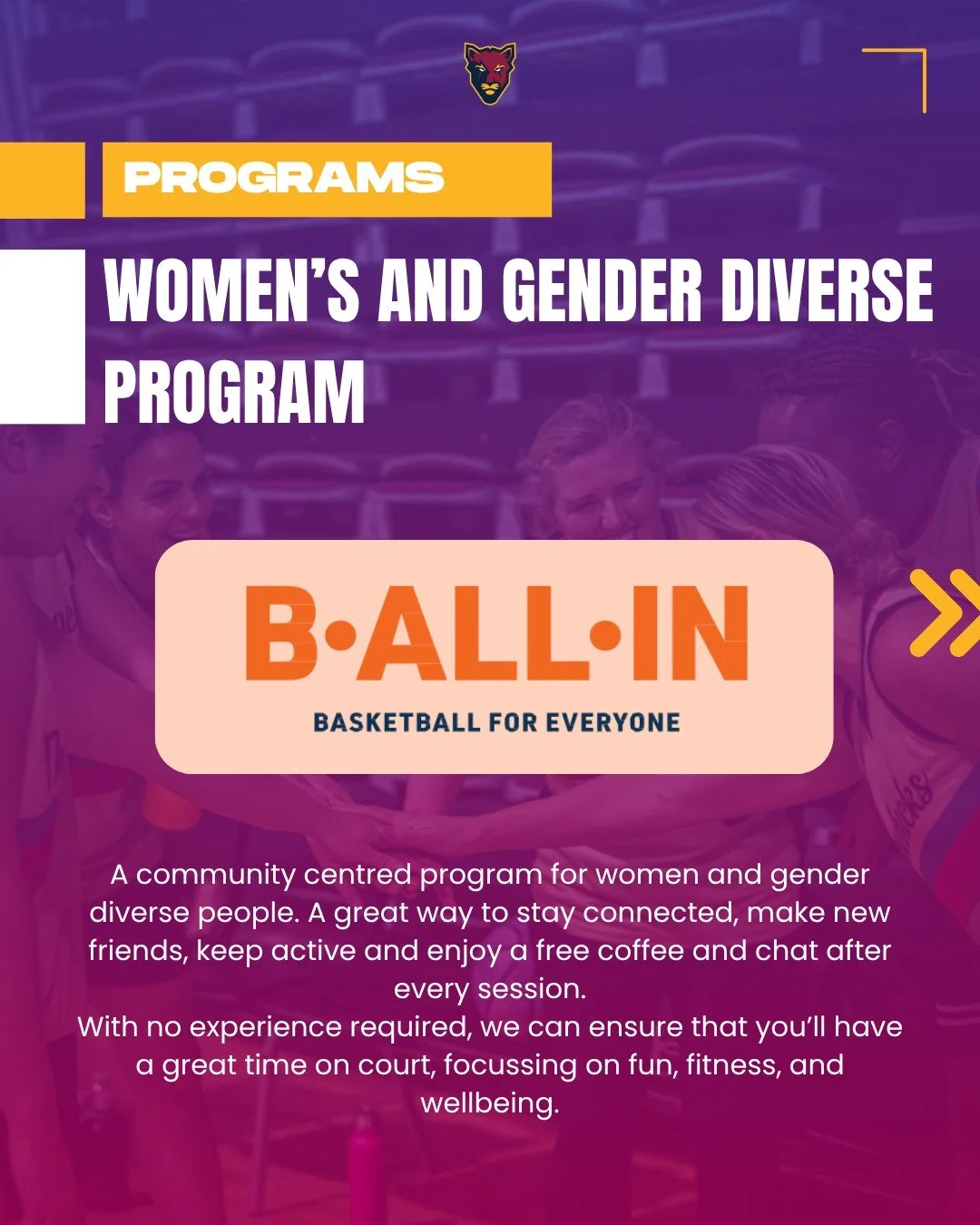 B-All-In: A Free Fitness Program for Women &amp; Gender Diverse People 🏀

Starting THIS THURSDAY October 16, join us for a feel-good fitness session that&rsquo;s all about fun, staying connected, being part of a community and enhancing wellbeing.
Th