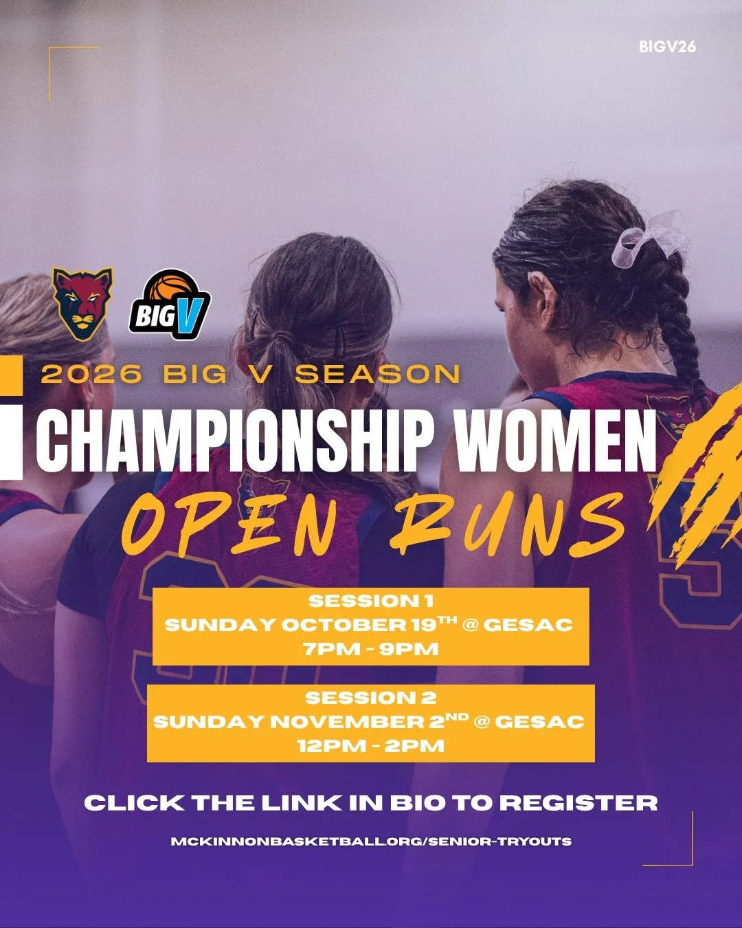BIGV CHAMPIONSHIP WOMEN - OPEN RUNS! 🏀

We are now taking Expressions of Interest to get involved in Open Runs for our BigV Championship Women team for 2026! 🐾

📅 Sunday October 19th, 7PM - 9PM
📅 Sunday November 2nd, 12PM - 2PM
📍 Glen Eira Sport