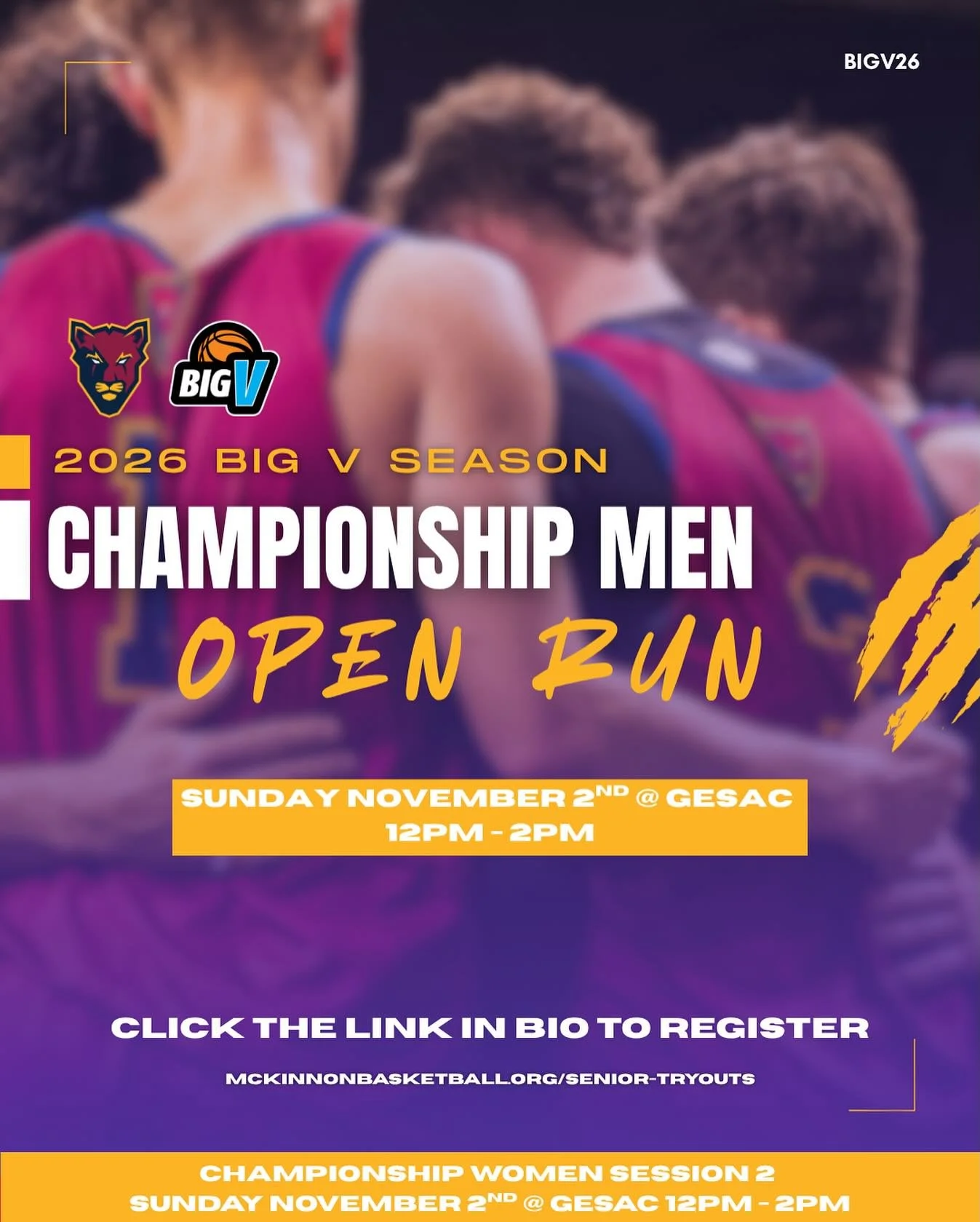 BIGV CHAMPIONSHIP MEN - OPEN RUNS! 🏀

We are now taking Expressions of Interest to get involved in Open Runs for our BigV Championship Men&rsquo;s team for 2026! 🐾

📅 Sunday November 2nd, 12PM - 2PM
📍 Glen Eira Sports and Aquatic Centre (GESAC)
?