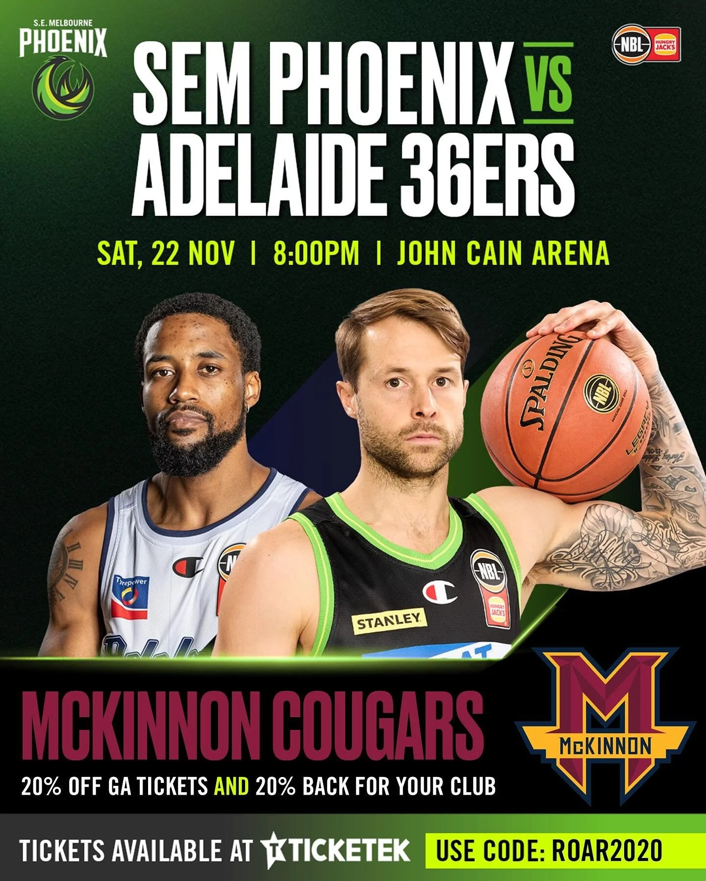 🔥 Saturday Night Lights! 🔥
 McKinnon families get 20% OFF Phoenix tickets &mdash; plus 20% goes back to the club! Let&rsquo;s pack out John Cain Arena and lift the boys to a big win! 💚💪 The 36ers now have Bryce Cotton, the NBL&rsquo;s 5&times; MV