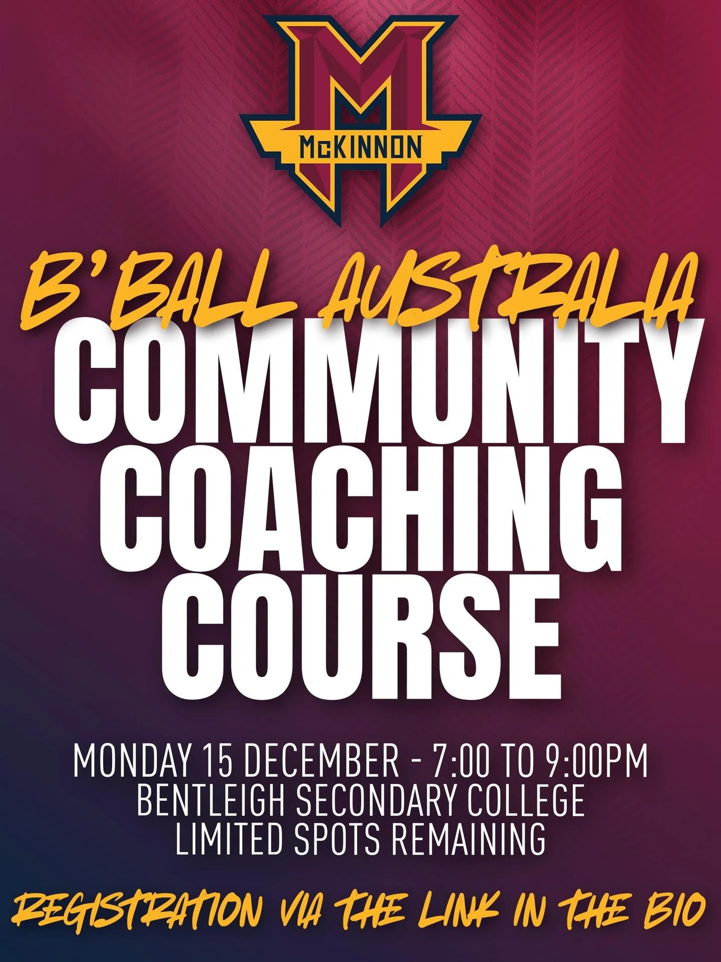 🏀 Level up your coaching!
 Basketball Australia Community Coach Course 
📅 December 15, 7:00pm to 9:00pm 📍 Bentleigh Secondary College
 ✅ Get accredited | 💰 $20 | ⏳ Limited spots

👉 Register via the link in our bio