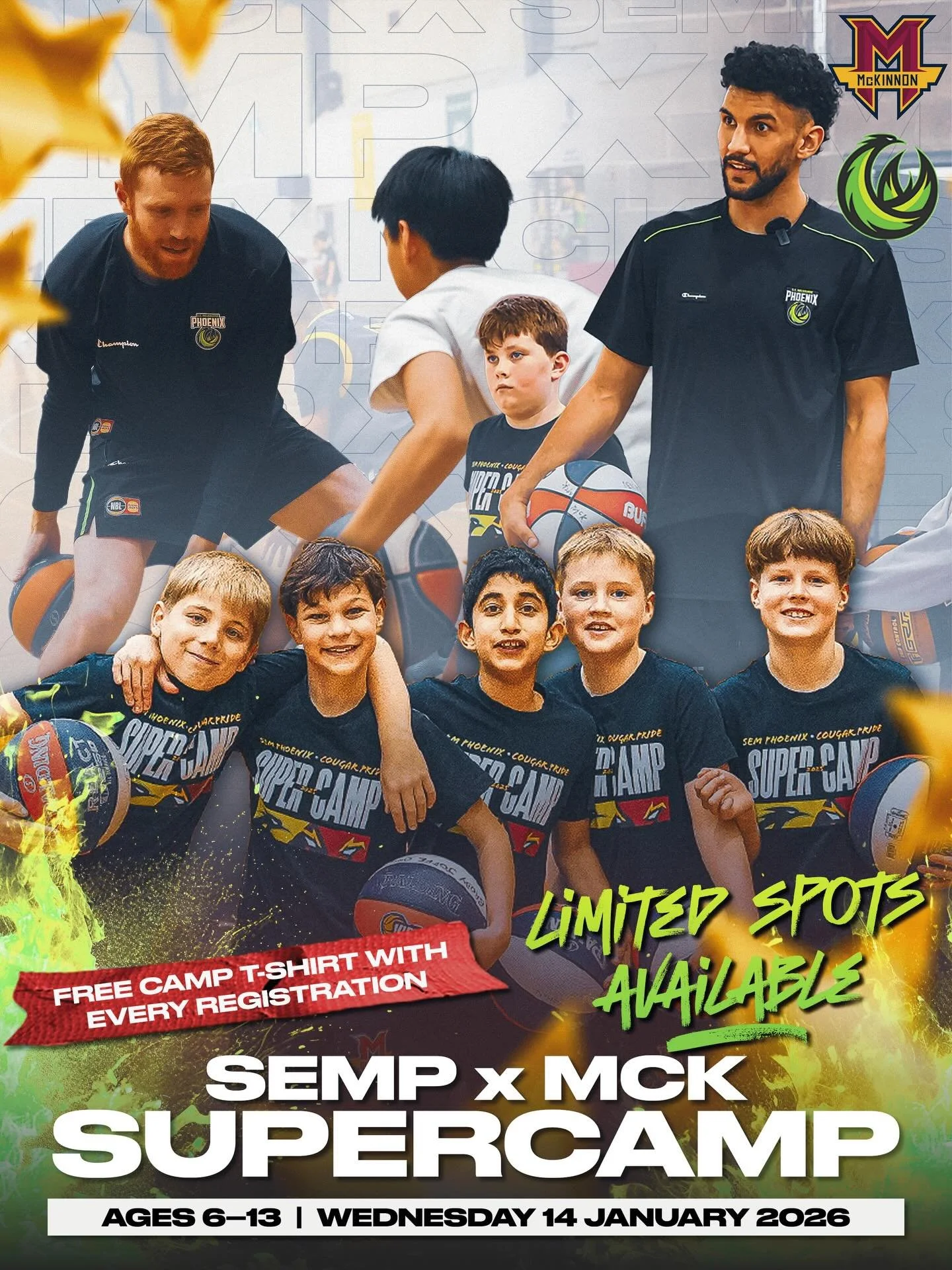 🔥 SEMP X MCK SUPERCAMP 🔥

Perfect for young hoopers aged 6&ndash;13, this fan-favourite is back in partnership with the NBL&rsquo;s South East Melbourne Phoenix! 🏀

Skills sessions, fun competitions, Phoenix-themed activities and limited-edition P