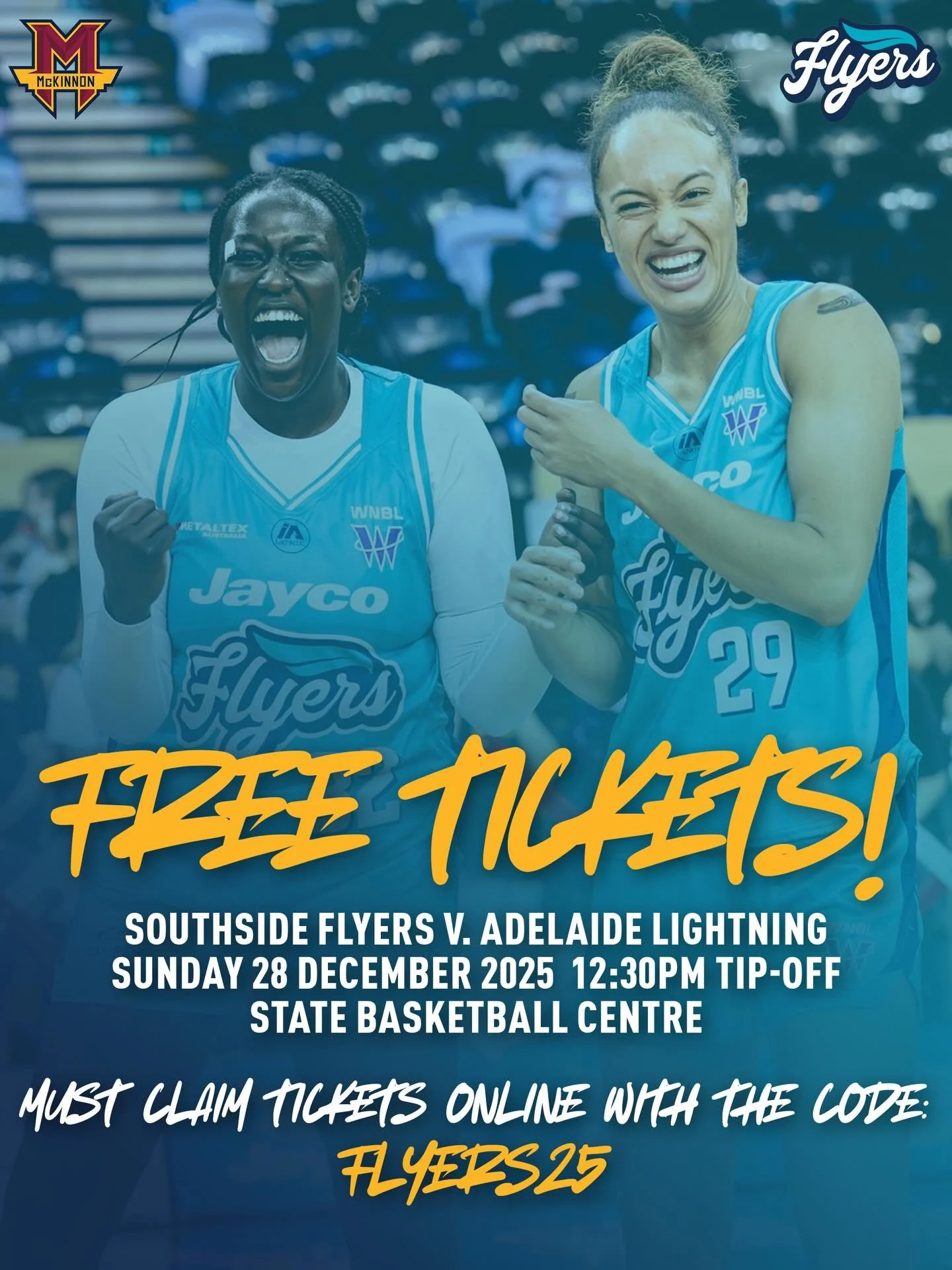 🏀 FREE SUNDAY WNBL TICKETS! 🏀

Get along to a big WNBL clash as the Southside Flyers take on the Adelaide Lightning this Sunday 28 December at 12:30pm and show your hometown support.

🎟️ How to claim your free tickets?
1. Follow the link 👉 https: