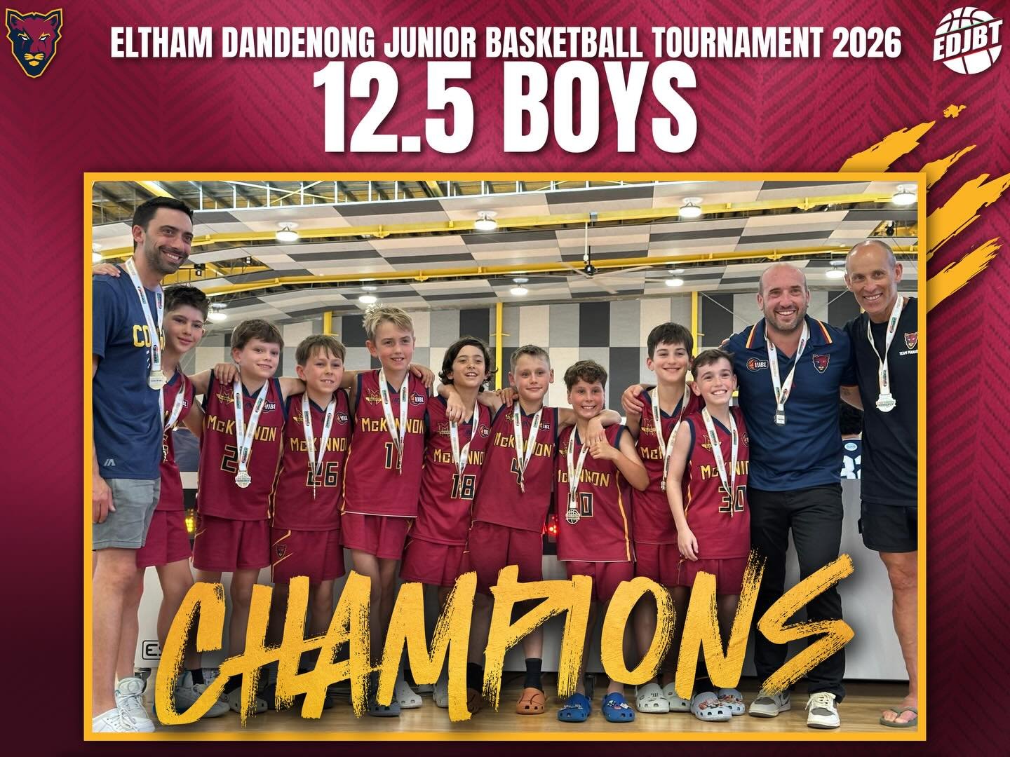 🏆 CHAMPIONS!!!

Congratulations to our U12.5 Boys on winning the EDJBT U12 Boys B5 Grand Final over Western Port 36-26

#cougarpride🐾