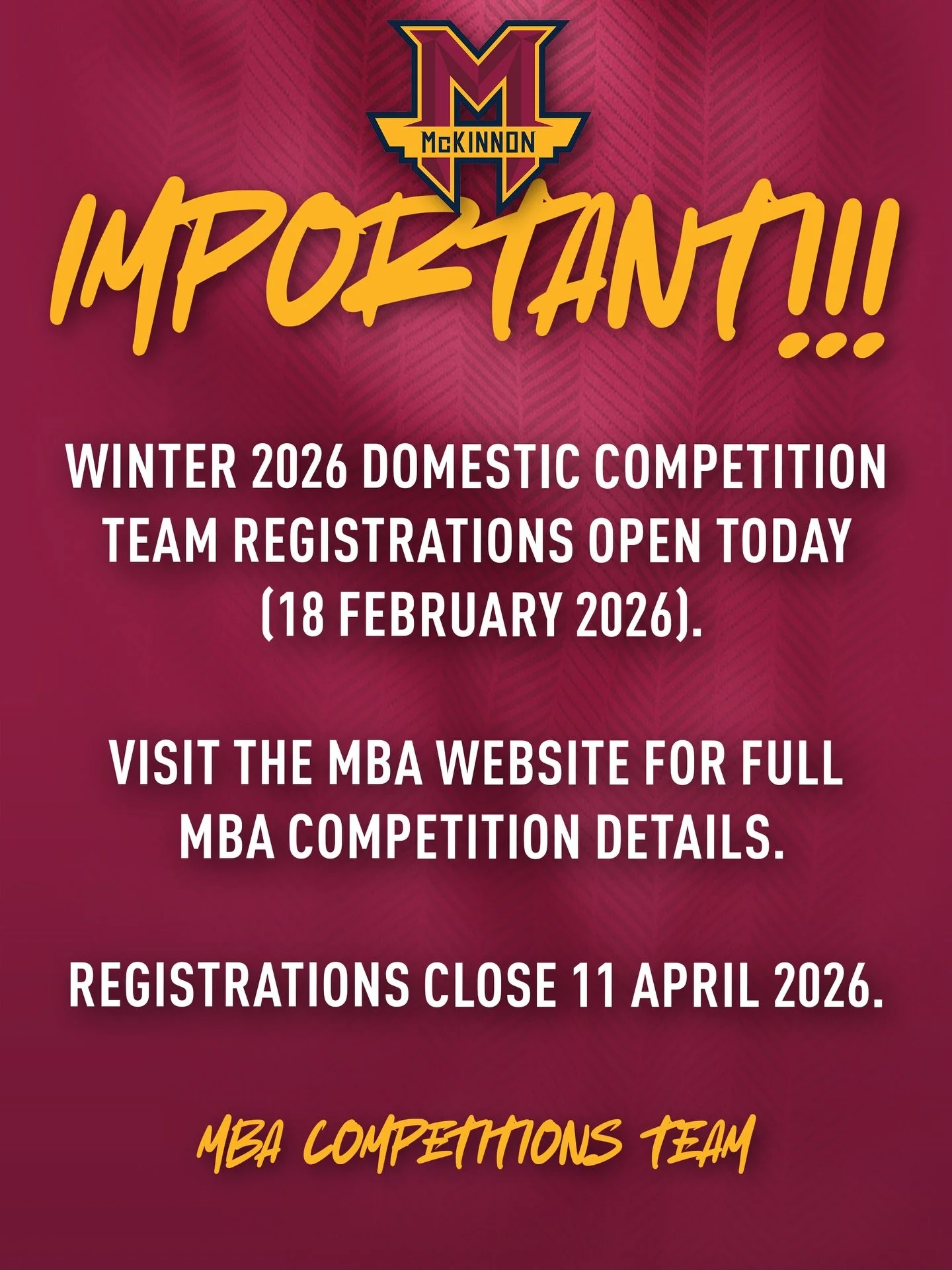 🏀 Winter 2026 Domestic Competitions team registrations open today (18/02/2026). Registrations close 11/04/26.

🌐 Visit the MBA website for more information.