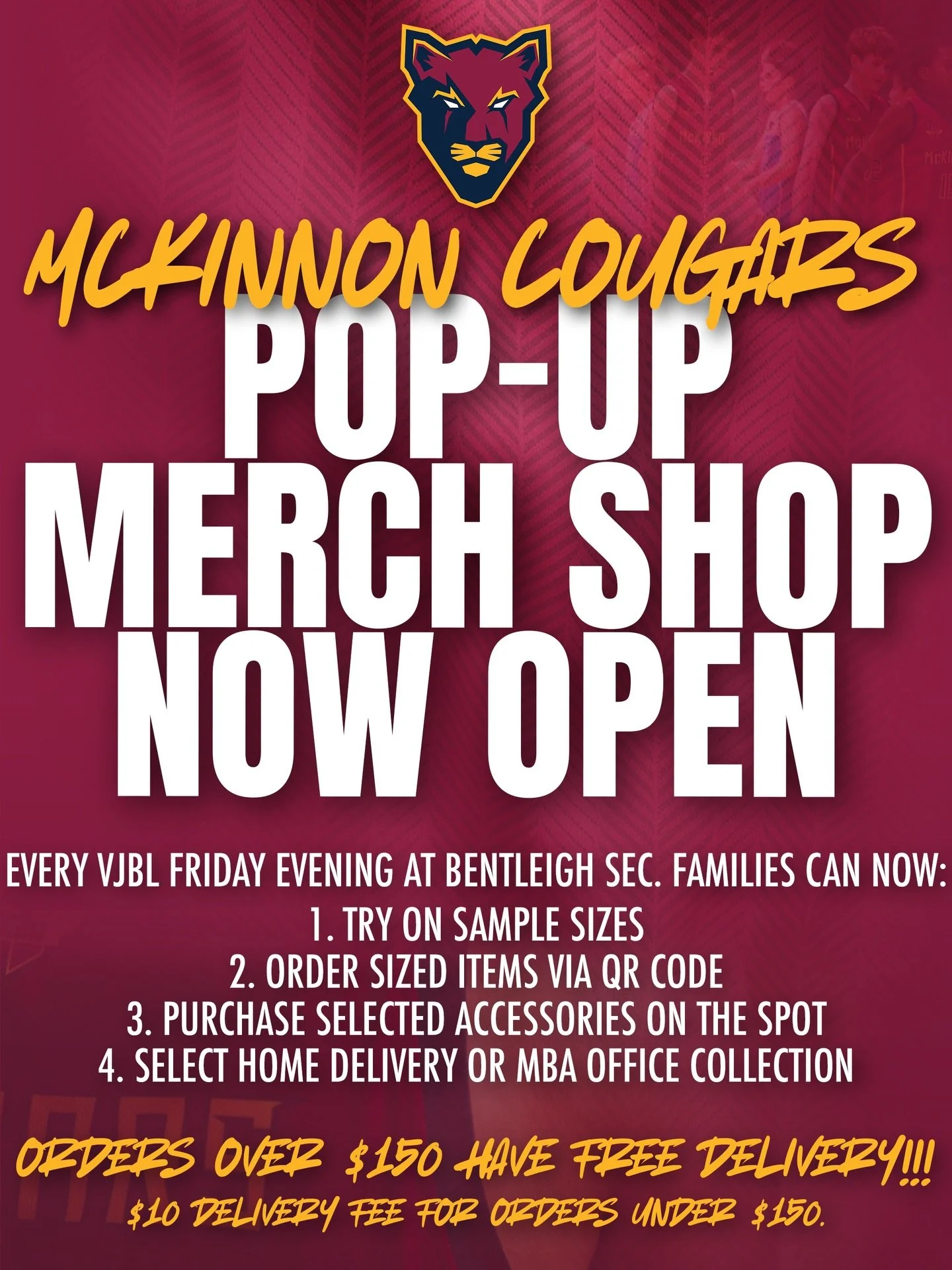 😁 Visit the Cougars Pop-Up Store at Bentleigh Secondary College Friday VJBL evenings.

🏀 Try on sample sizes 📲 Order via QR code 🛍 Purchase selected accessories on the spot 🚚 Choose home delivery or MBA office collection

🔥 FREE delivery on ord