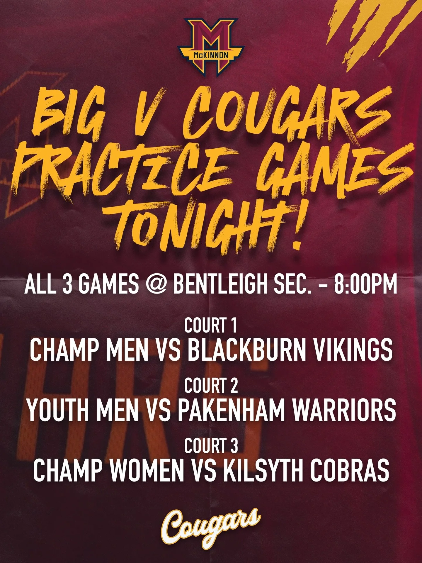 Three Big V practice games. One big Cougar night.

All tipping off at 8:00pm tonight (03/03/2026) at Bentleigh Secondary College 👇

🏀 Court 1 &ndash; Championship Men v Blackburn 🏀 Court 2 &ndash; Youth Men v Pakenham 🏀 Court 3 &ndash; Championsh