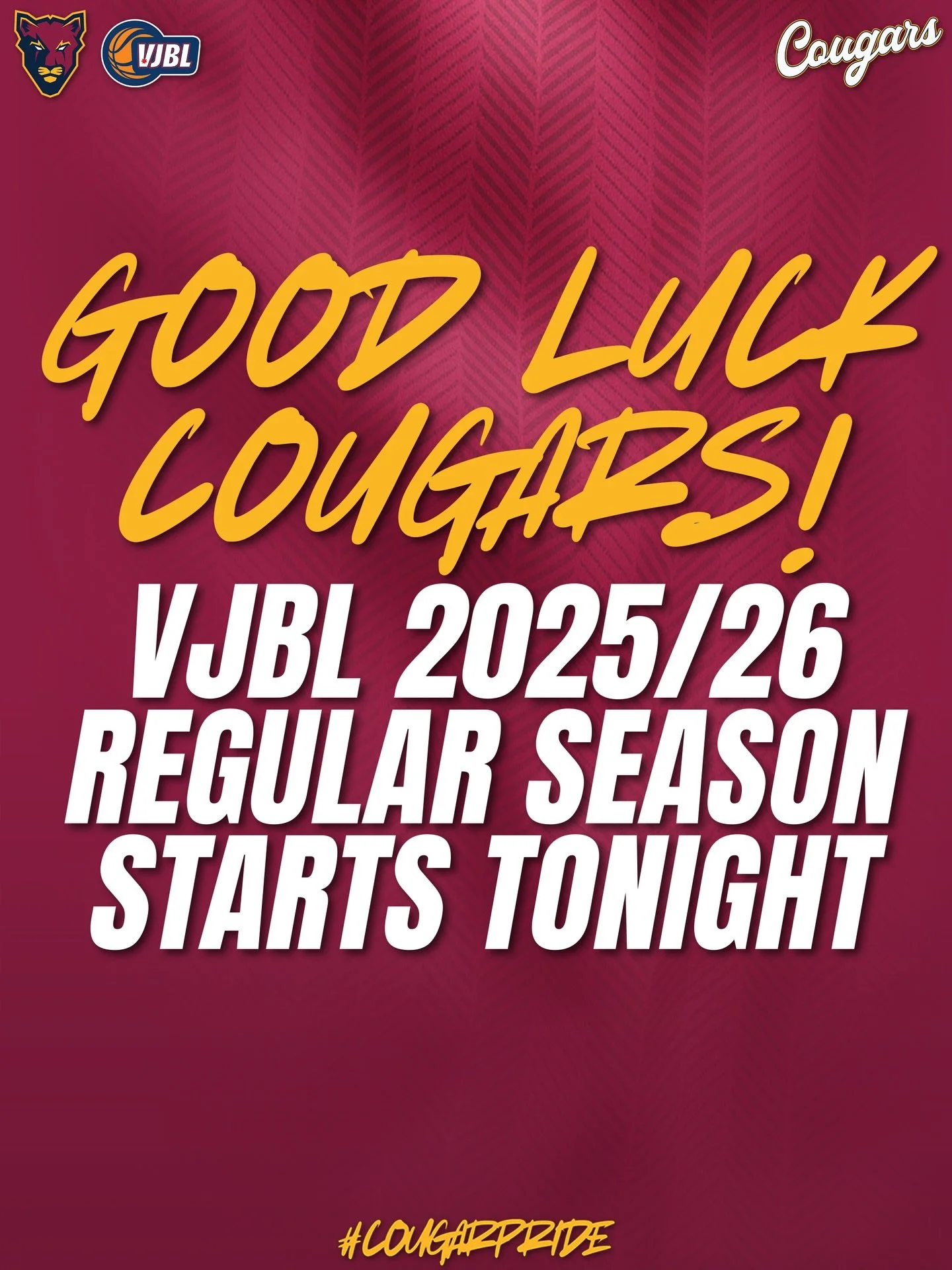 🐆 GOOD LUCK COUGARS!!!

The regular season for VJBL 2025/26 starts tonight!

📱 You can also find all the Junior Cougars fixtures on PlayHQ

#CougarPride&nbsp;🐾