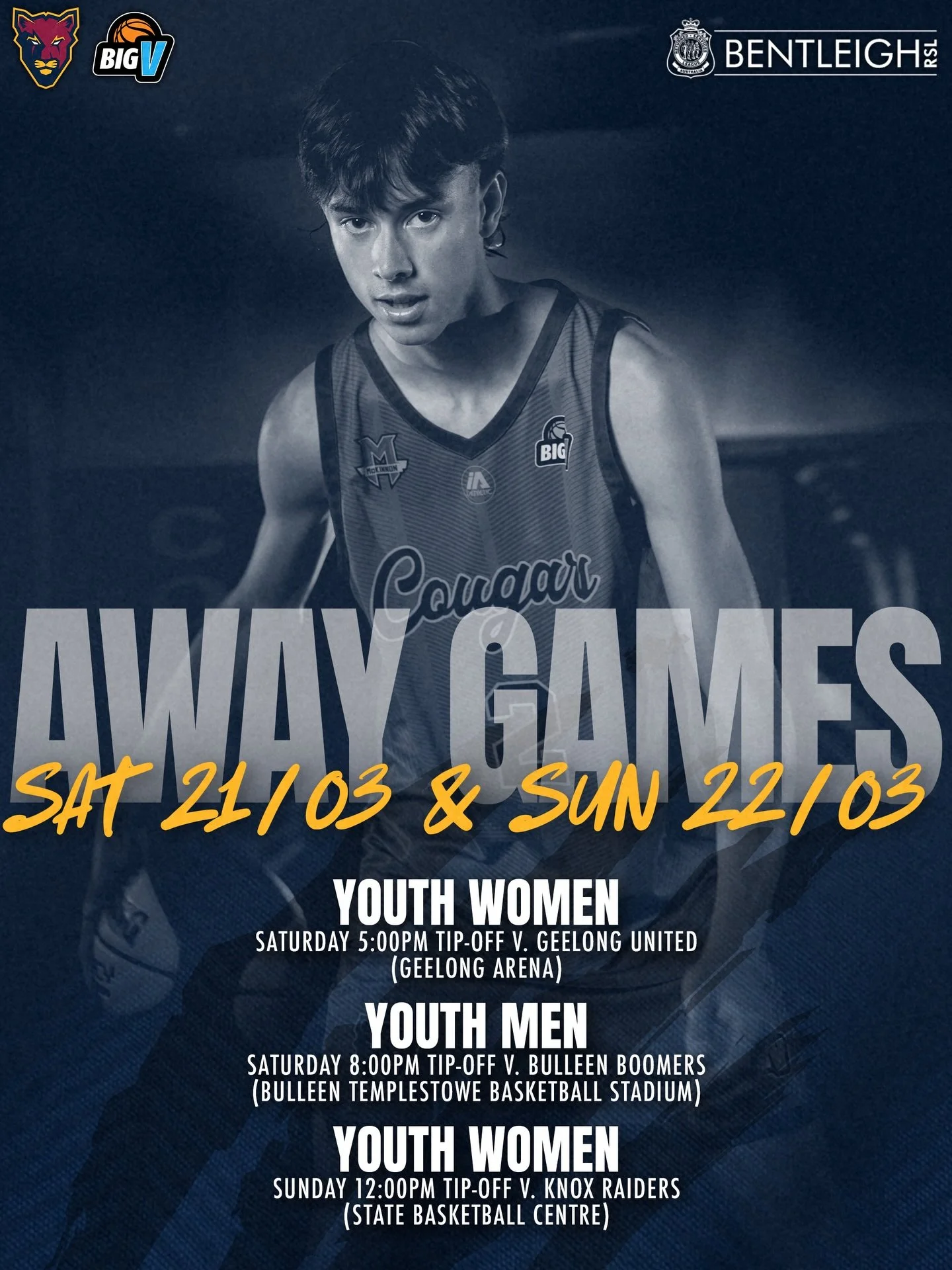 🐾 Our Cougars Youth squads are back in action with a big weekend ahead.

⏰ Saturday 5:00pm &ndash; Youth Women vs Geelong United 📍 Geelong Arena

⏰ Saturday 8:00pm &ndash; Youth Men vs Bulleen Boomers 📍 Bulleen Templestowe Basketball Stadium

⏰ Su