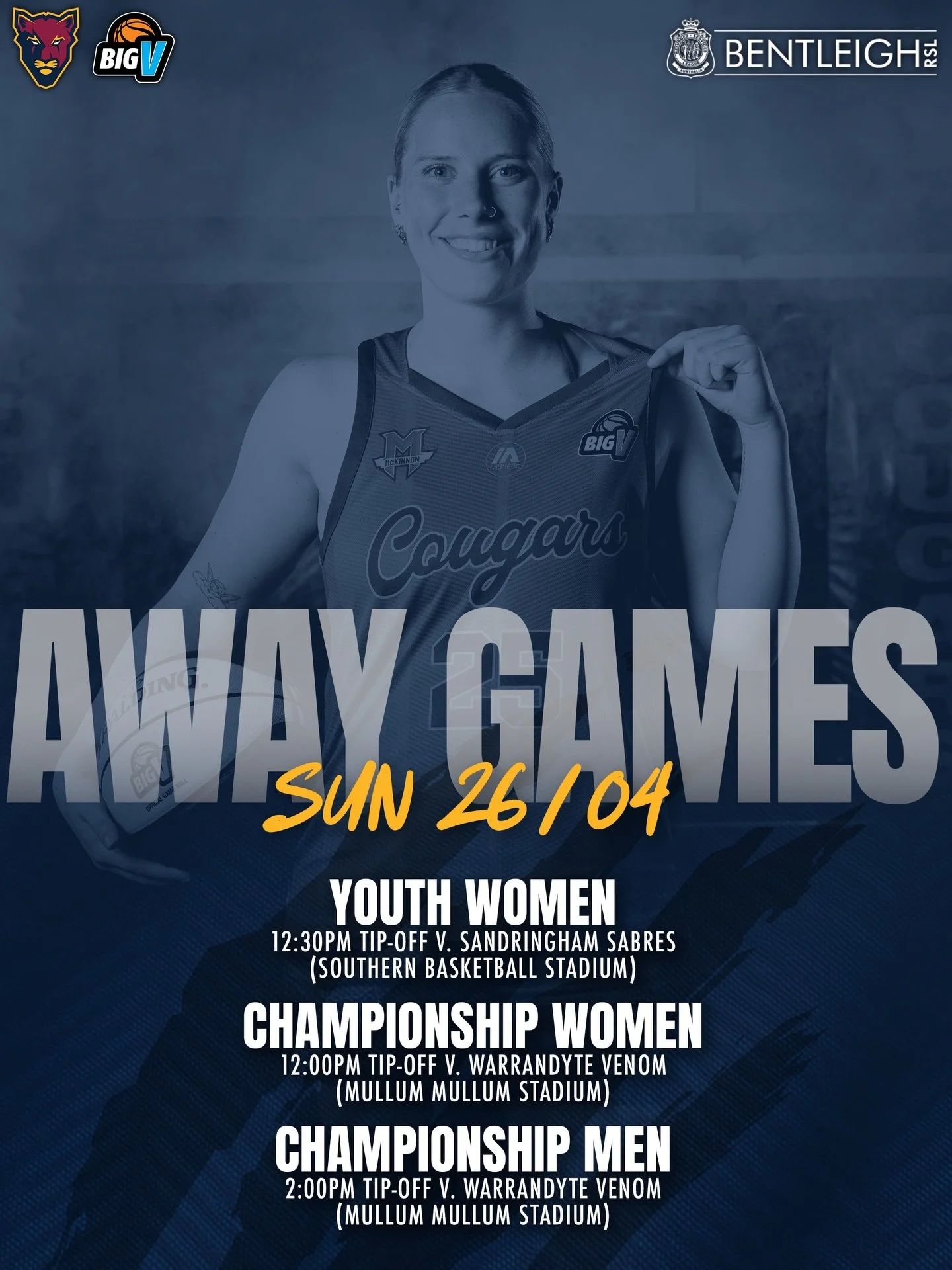 🏀 Three of our Cougars teams hit the road this Sunday, while our Youth Men have the bye.

Our Youth Women take on Sandringham Sabres at Southern Basketball Stadium (12:30pm), while our Championship Women and Championship Men face Warrandyte Venom at