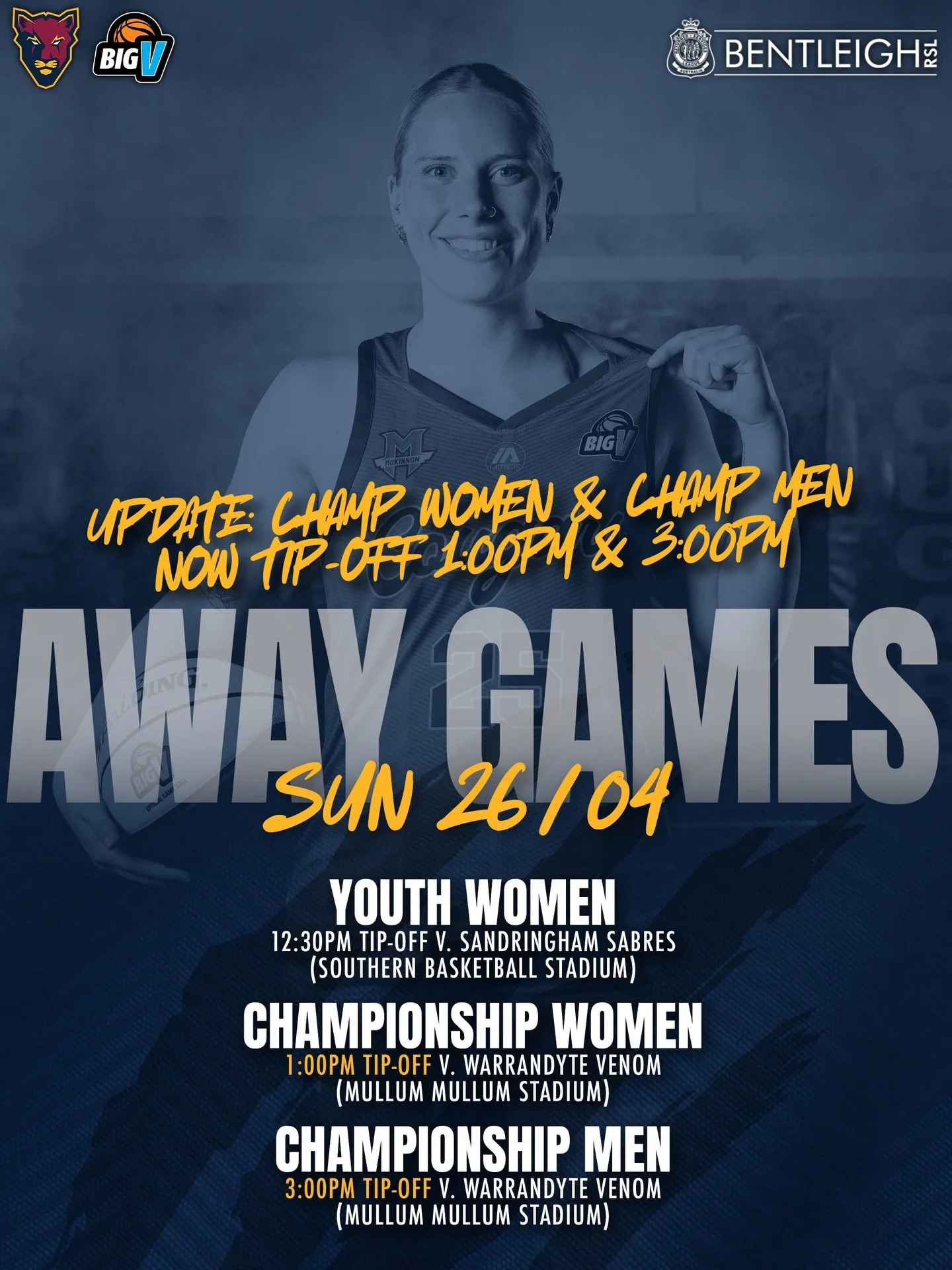 🚨 UPDATE: Championship Women &amp; Championship Men will play at 1:00PM and 3:00PM Sunday 26/04 due to court availability   🏀 Three of our Cougars teams hit the road this Sunday, while our Youth Men have the bye.

Our Youth Women take on Sandringha