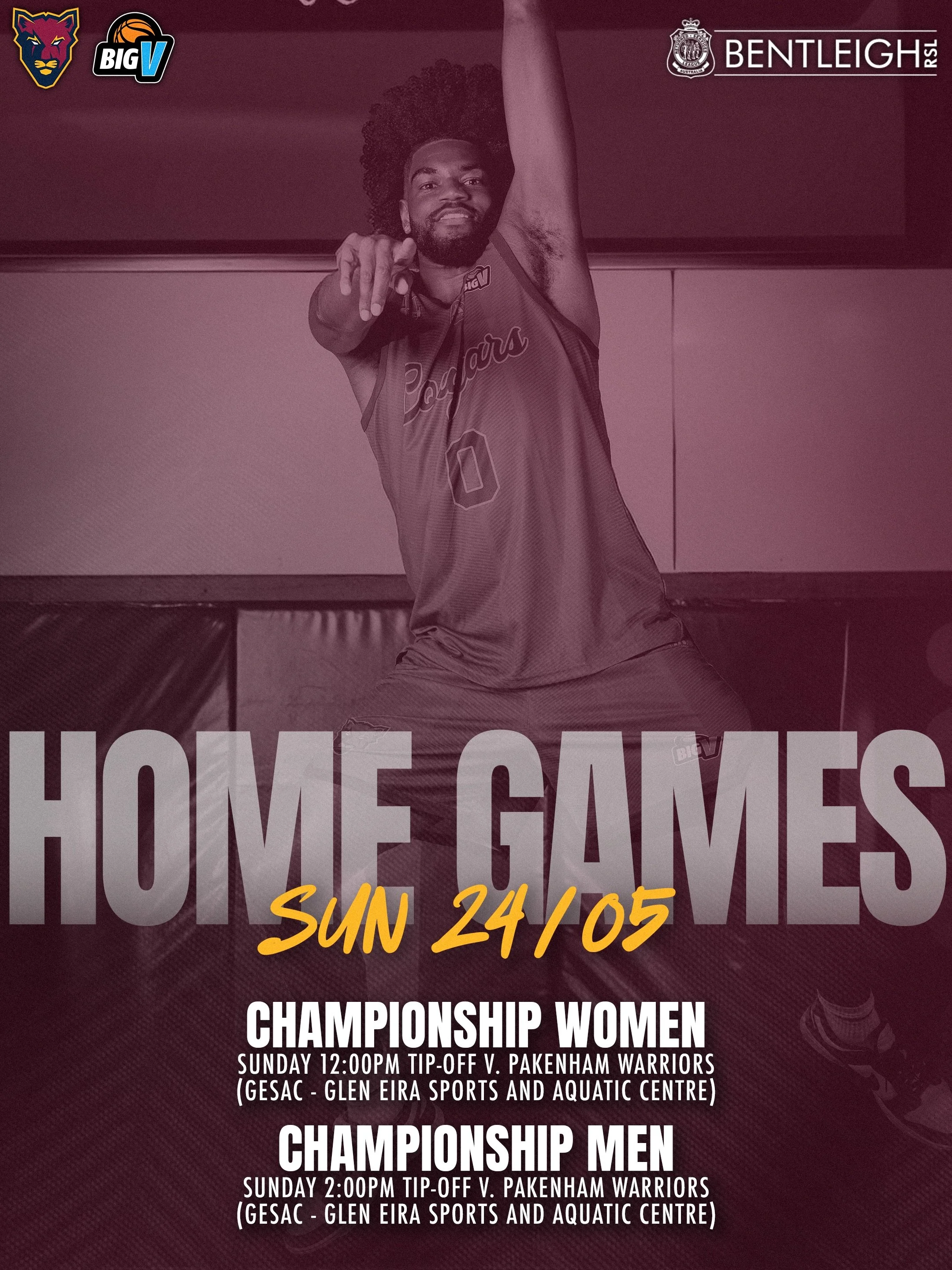 A massive weekend ahead for the McKinnon Cougars across Big V, with teams on the road Saturday before Championship Sunday returns to GESAC 💪🔥

Get down to GESAC on Sunday afternoon and support the Cougars as the Championship squads defend home cour