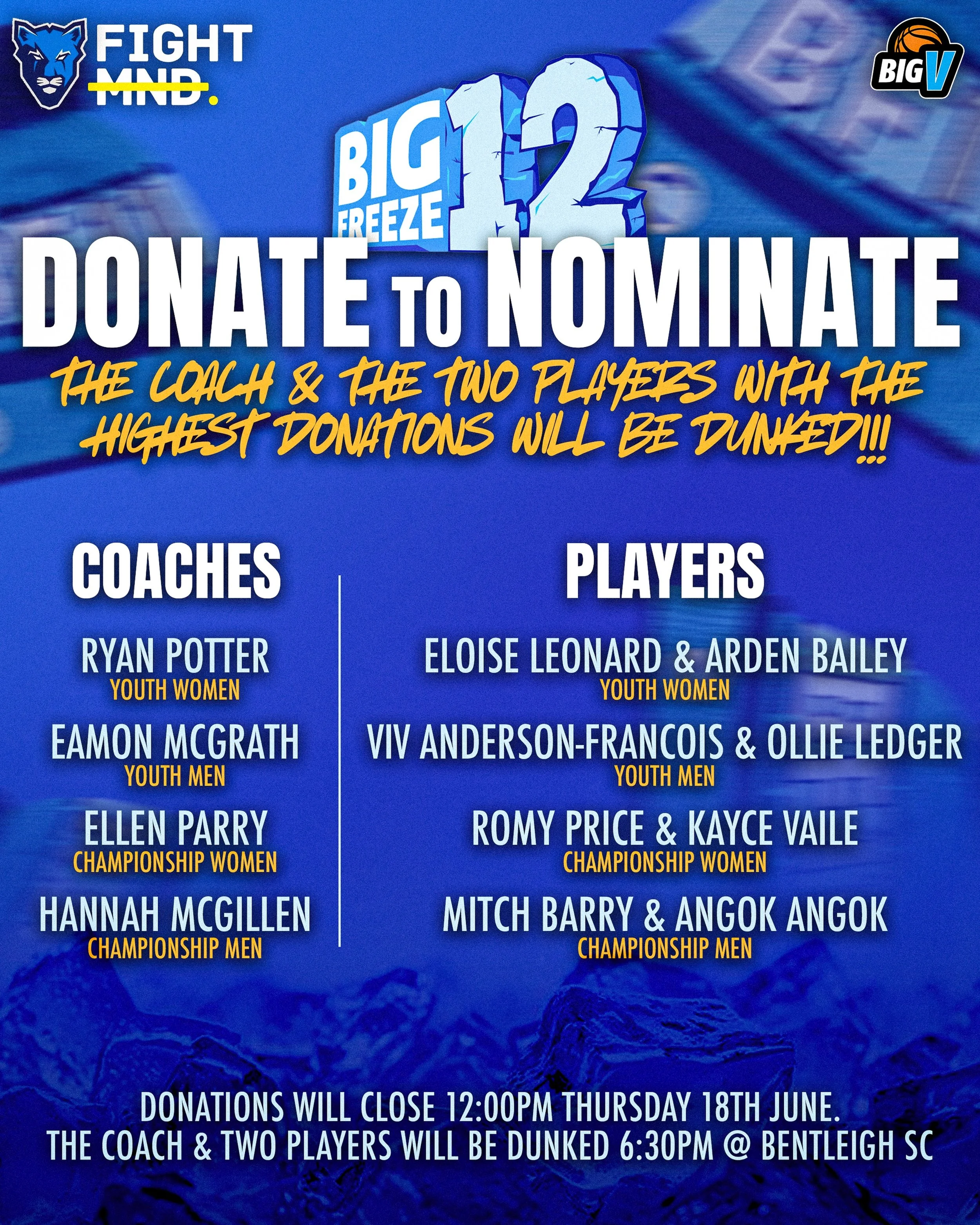 🥶❄️ DONATE TO NOMINATE! ❄️🥶

As part of McKinnon Basketball&rsquo;s Big Freeze Round, we&rsquo;re raising funds to support FightMND

Make a donation and nominate your favourite McKinnon coach or player. The coach and 2 players who attract the highe
