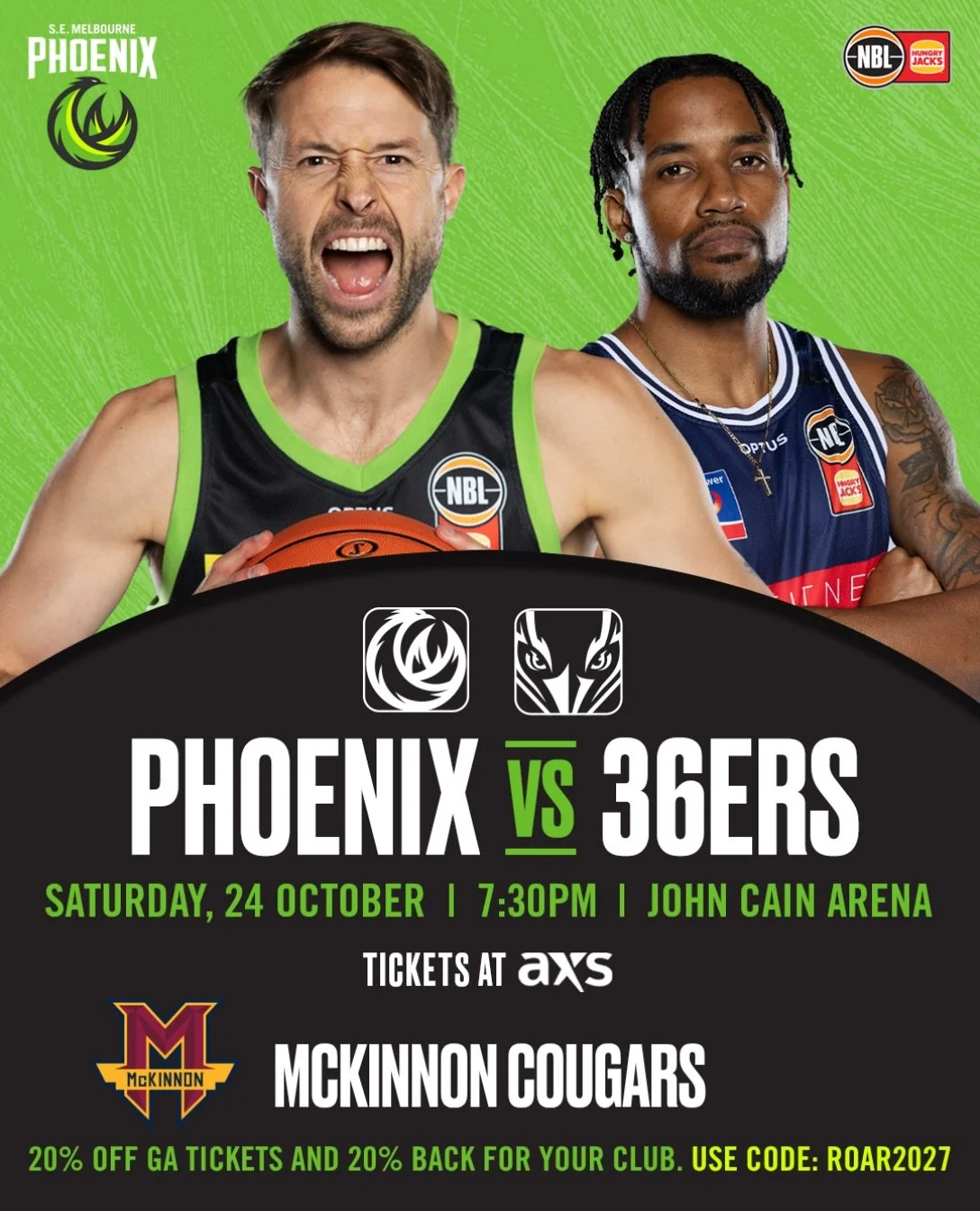 The battle is on. Phoenix v 36ers. Be there!

Saturday 24 October | John Cain Arena

South East Melbourne Phoenix take on the Adelaide 36ers in a blockbuster NBL clash, with Phoenix ready to defend home court and bring the heat.

Two teams. One showd