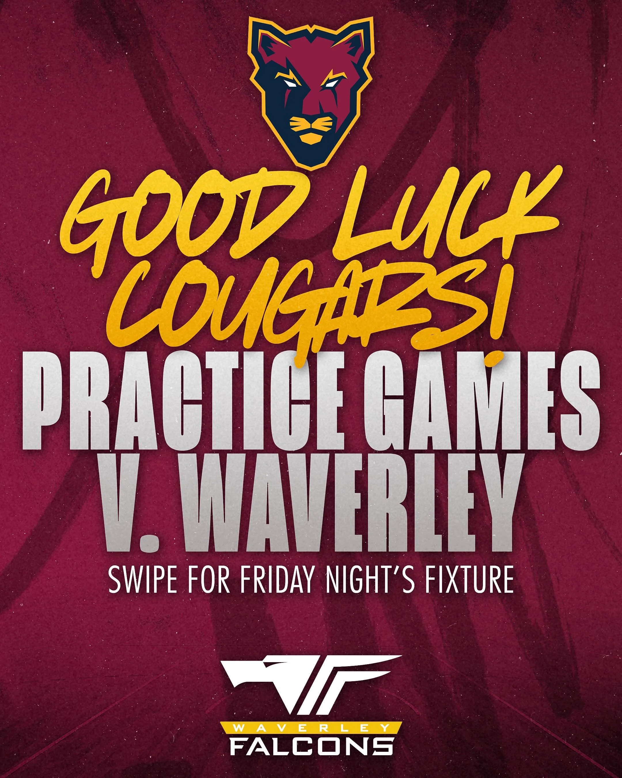 🏀 GOOD LUCK, COUGARS! 🐾

Our Junior Cougars are back on court this Friday night for practice games against the Waverley Falcons!

Swipe across for Friday night&rsquo;s fixtures. 👉