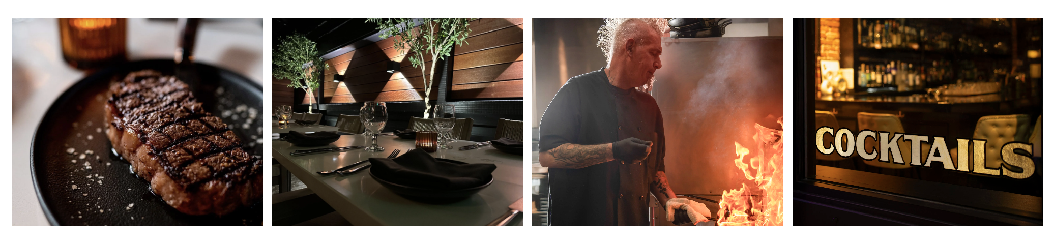 alt="a collage of four images from porterrhouse featuring a steak the interior of the restauant and the chef"
