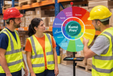 Quatre personnes portant des gilets de sécurité et des casques de chantier discutant à côté d'une roue de prière colorée avec le logo Kumu Prey dans un environnement industriel.