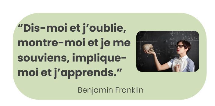 Citation de Benjamin Franklin avec une image d'une femme portant des lunettes, tenant une tête de mannequin ou un objet simulant un cerveau, devant un tableau noir avec des équations mathématiques.