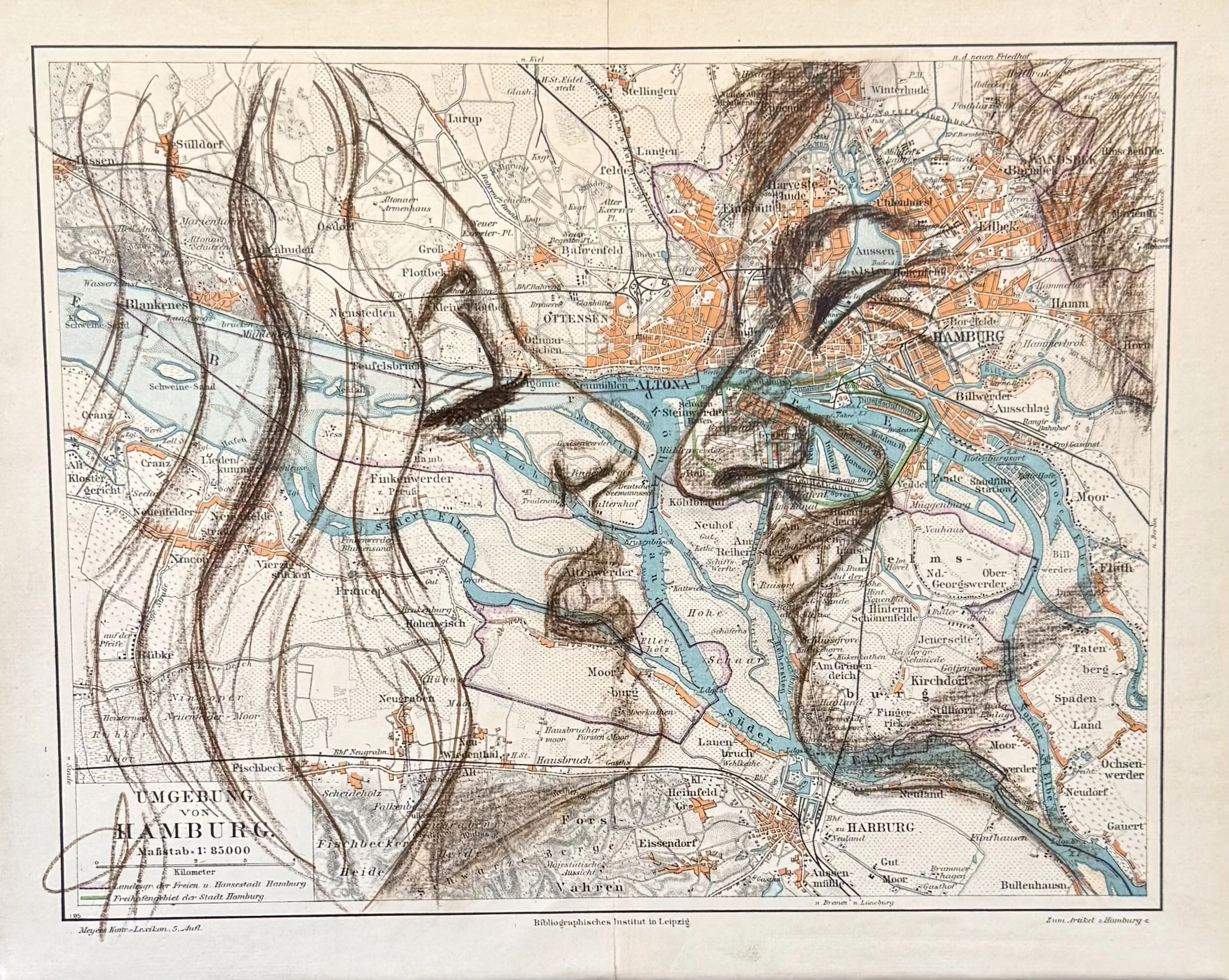 Wunschbild als Hochzeitsgeschenk - Portrait des Brautpaares auf Stadtplan der Heimatstadt Hamburg