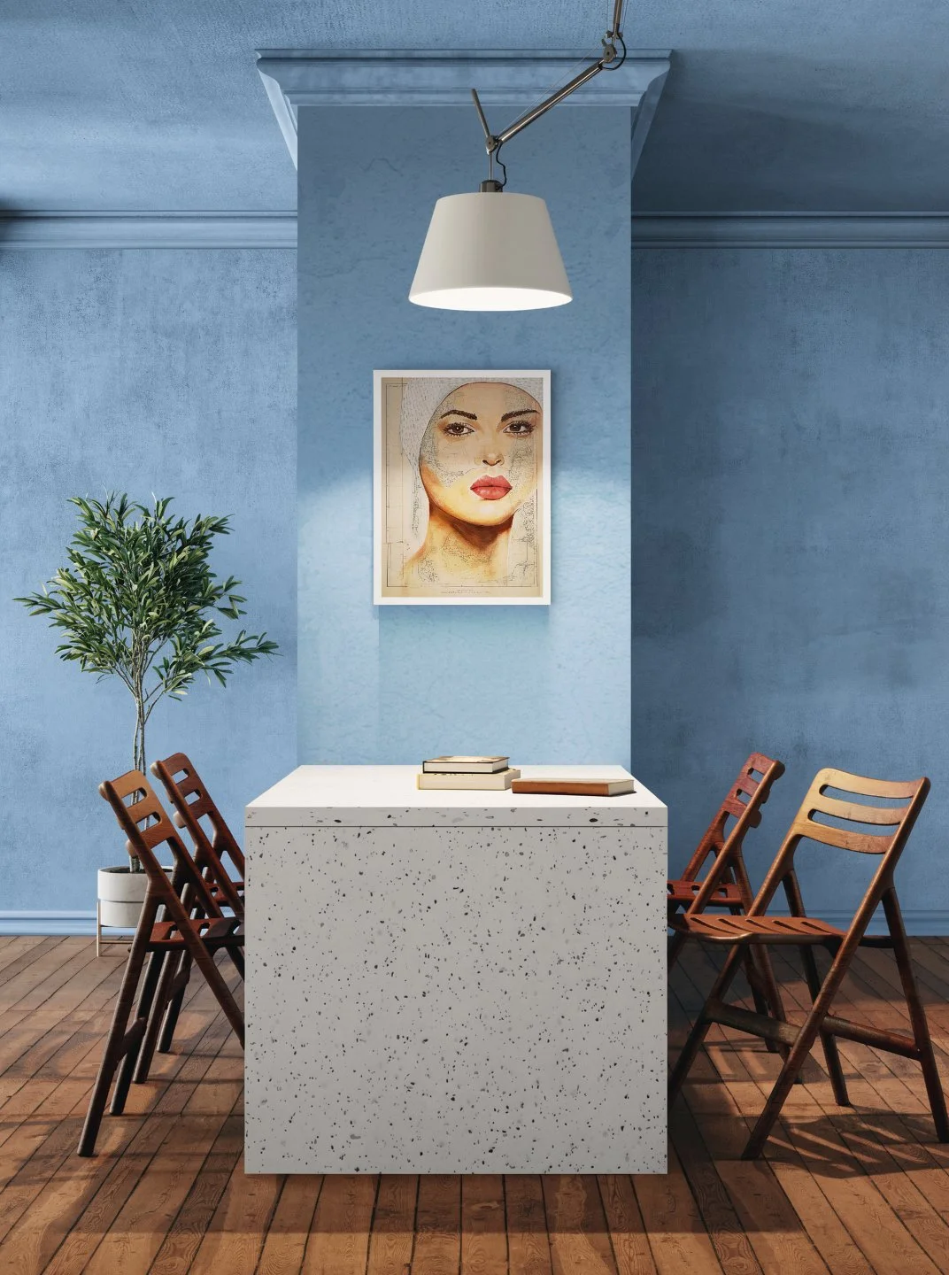Ocean Child ist ein Portrait einer Schwimmerin auf einer Karte von Sylt von Cordula Heimburg als Wohninspiration in einem Esszimmer