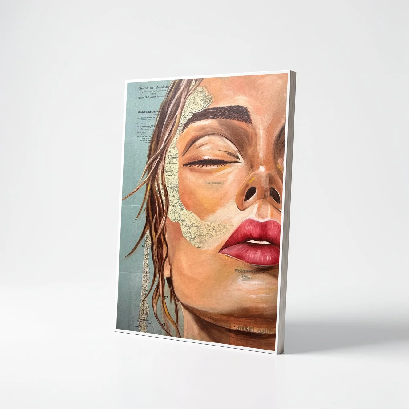 Verliebt in Sylt ist ein Frauenportrait auf einer Syltkarte, gemalt von Cordula Heimburg