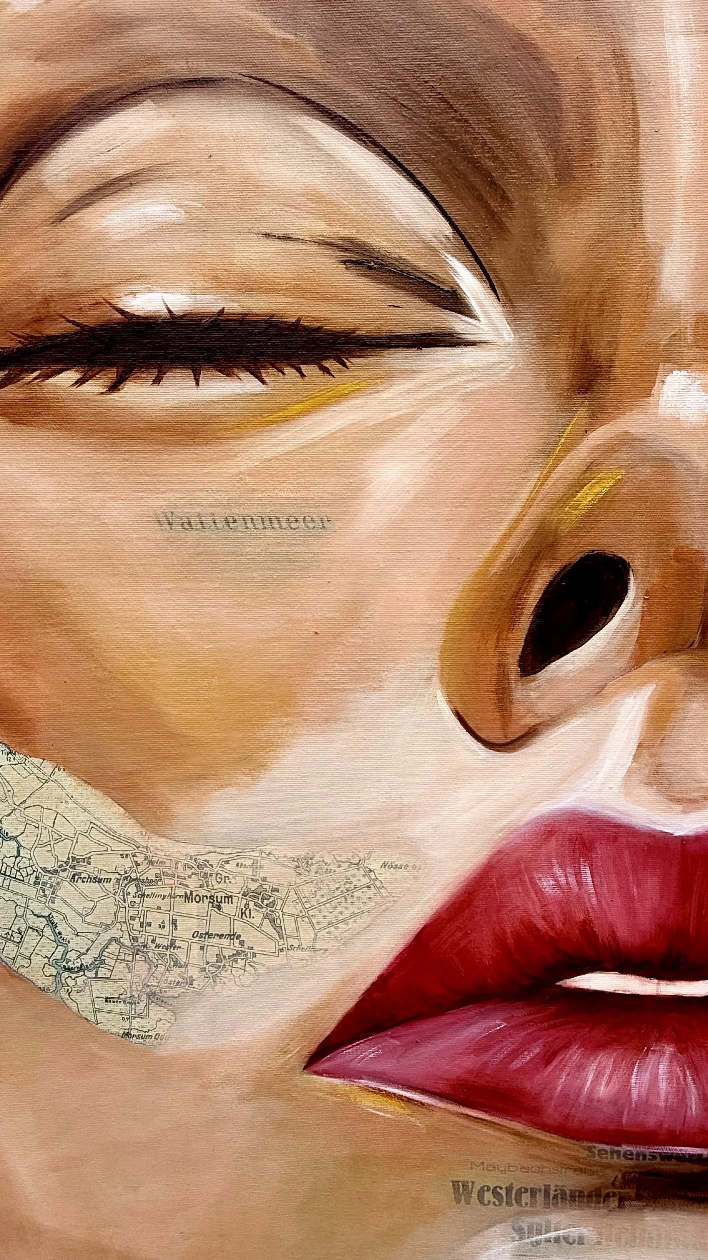 Detail Verliebt in Sylt, Portrait einer Frau auf Syltkarte von Cordula Heimburg