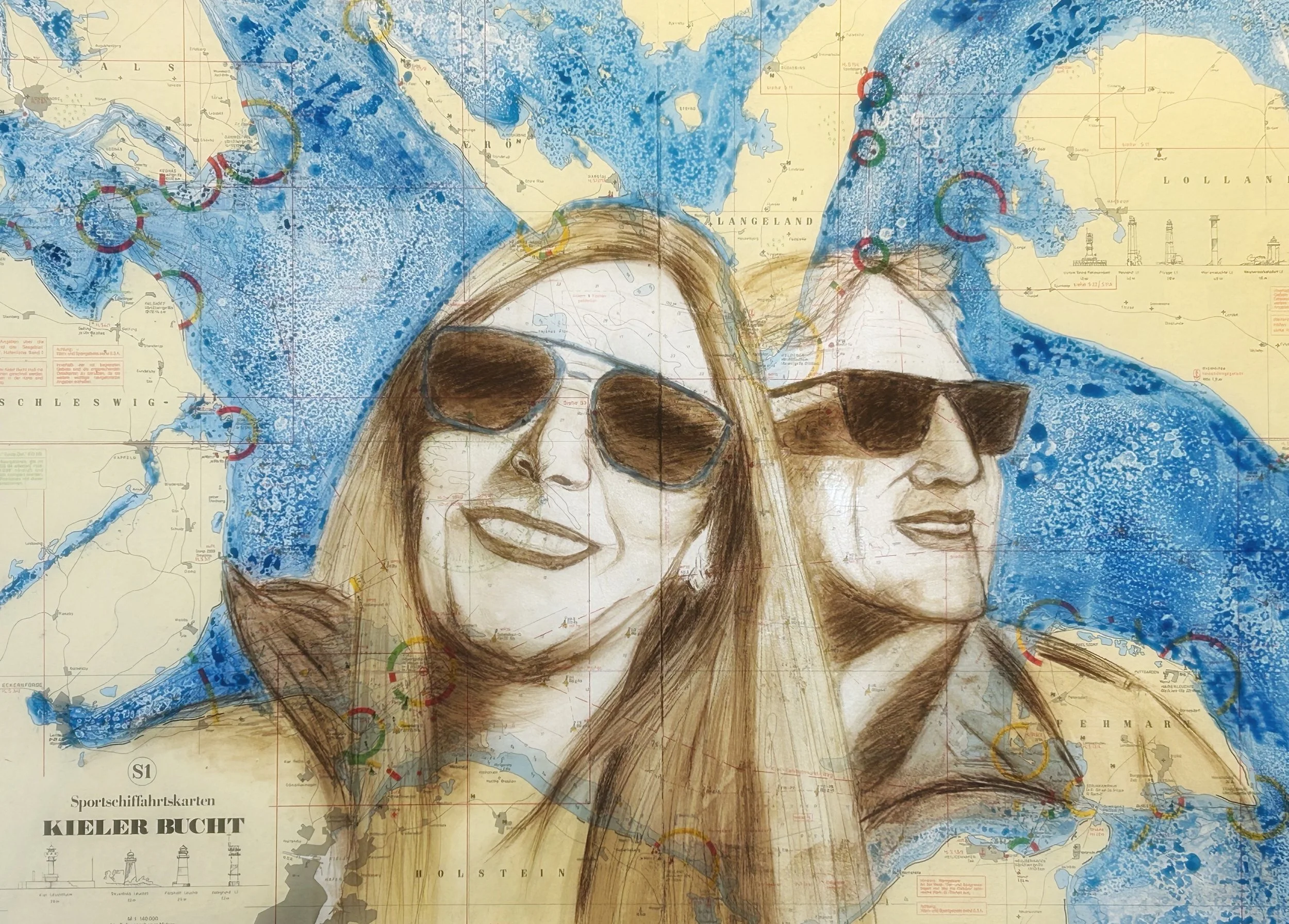  Portrait Mann und Frau auf einer Seekarte der Kieler Bucht von Cordula Heimburg