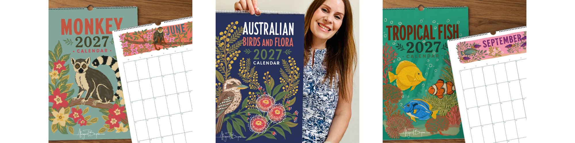 Large 2027 Calendars : Monkey, Australian Birds and Flora, Tropical Fish created by Artist Abigail Bryan and available to buy on Etsy