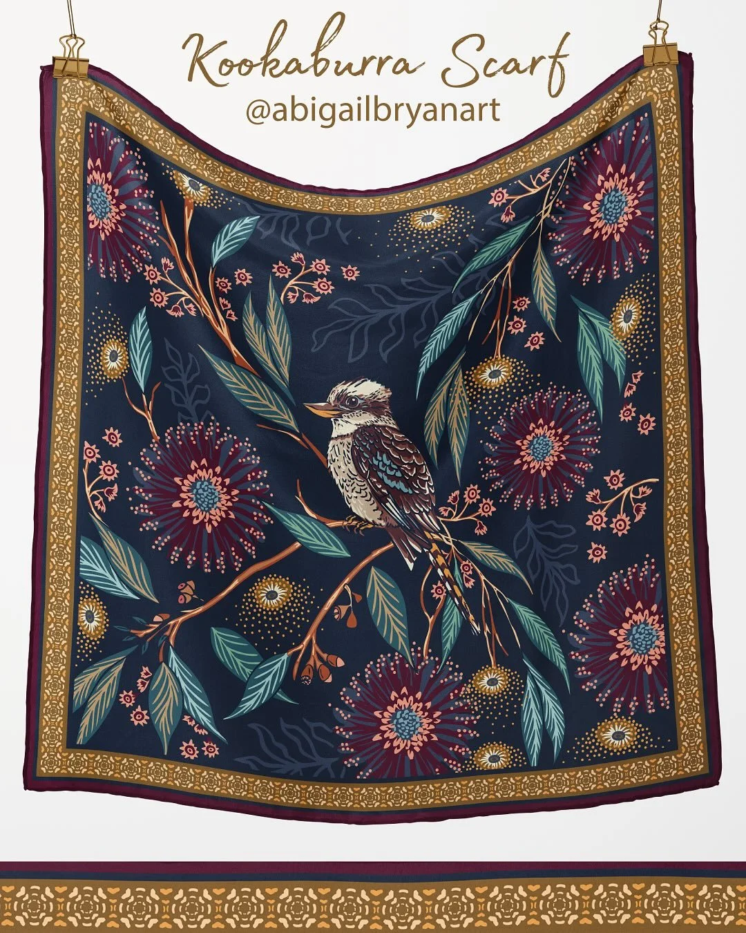 Kookaburra scarf - I&rsquo;ve wanted to design scarves for a while now and I&rsquo;ve finally managed to complete my first design, I hope you like it.

#kookaburra #kookaburrascarf #kookaburraart #australiapattern #australiafabric #birdscarf #surface