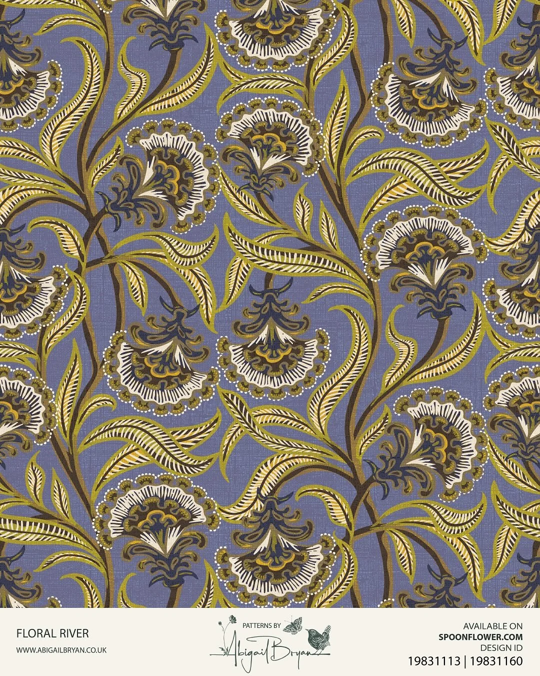 I&rsquo;m back to florals with my latest pattern Floral River. This trailing floral design was inspired by an 18th century Indian floral block print scarf. In soft purple and lime and available in two sizes and other colours. 
Spoonflower ID 19831113