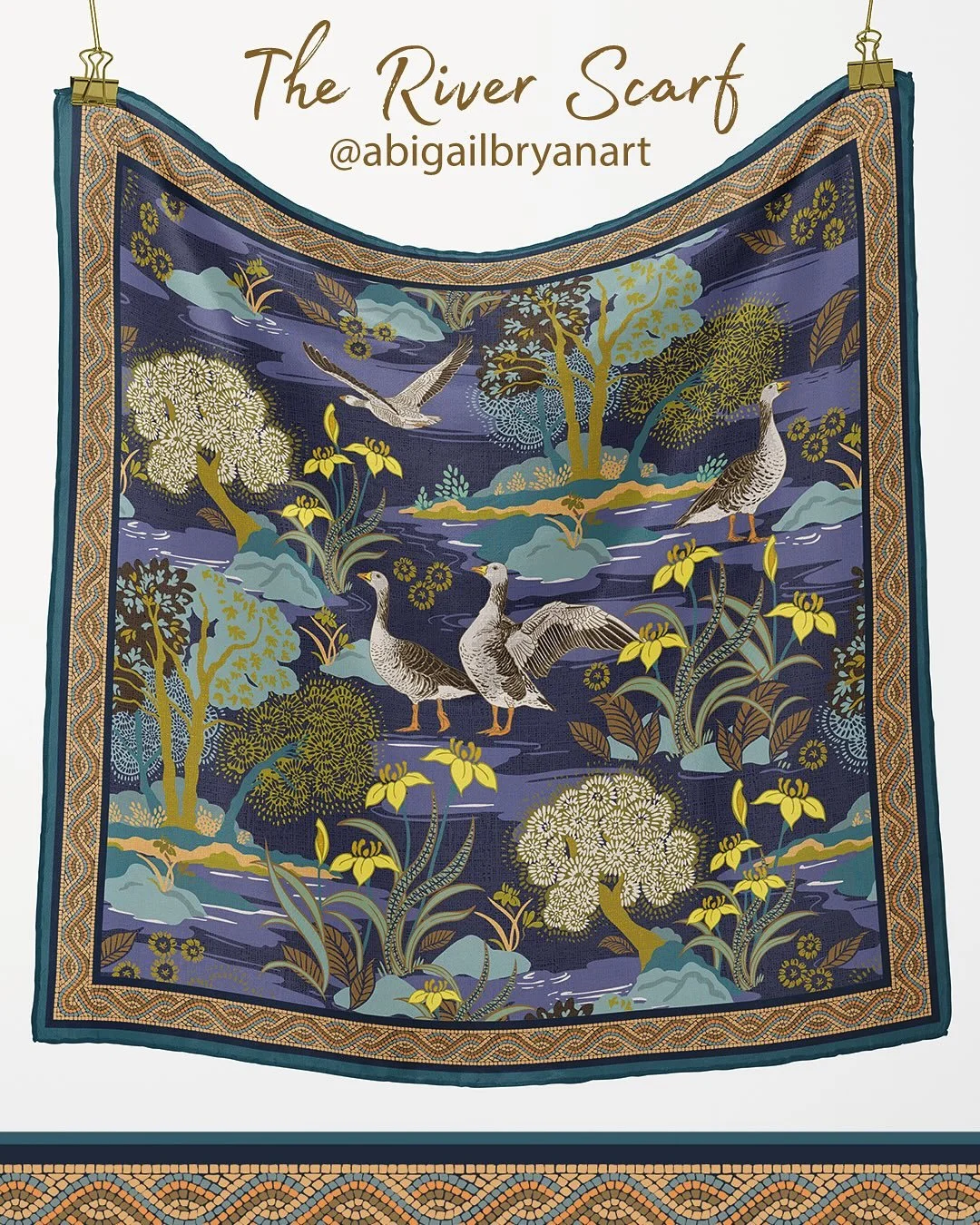 The River Scarf, edged with a mosaic knot border. This is my second scarf design, I&rsquo;m aiming at designing one a month although I&rsquo;m not sure if this will actually happen 🤔😆

#scarfdesign #riverscarf #geesepattern #goosepattern #scarves #