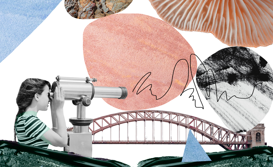 Girl looking into forward direction with binoculars and a bridge connecting towards sustainable future, surrounded by illustrative natural elements and colors.