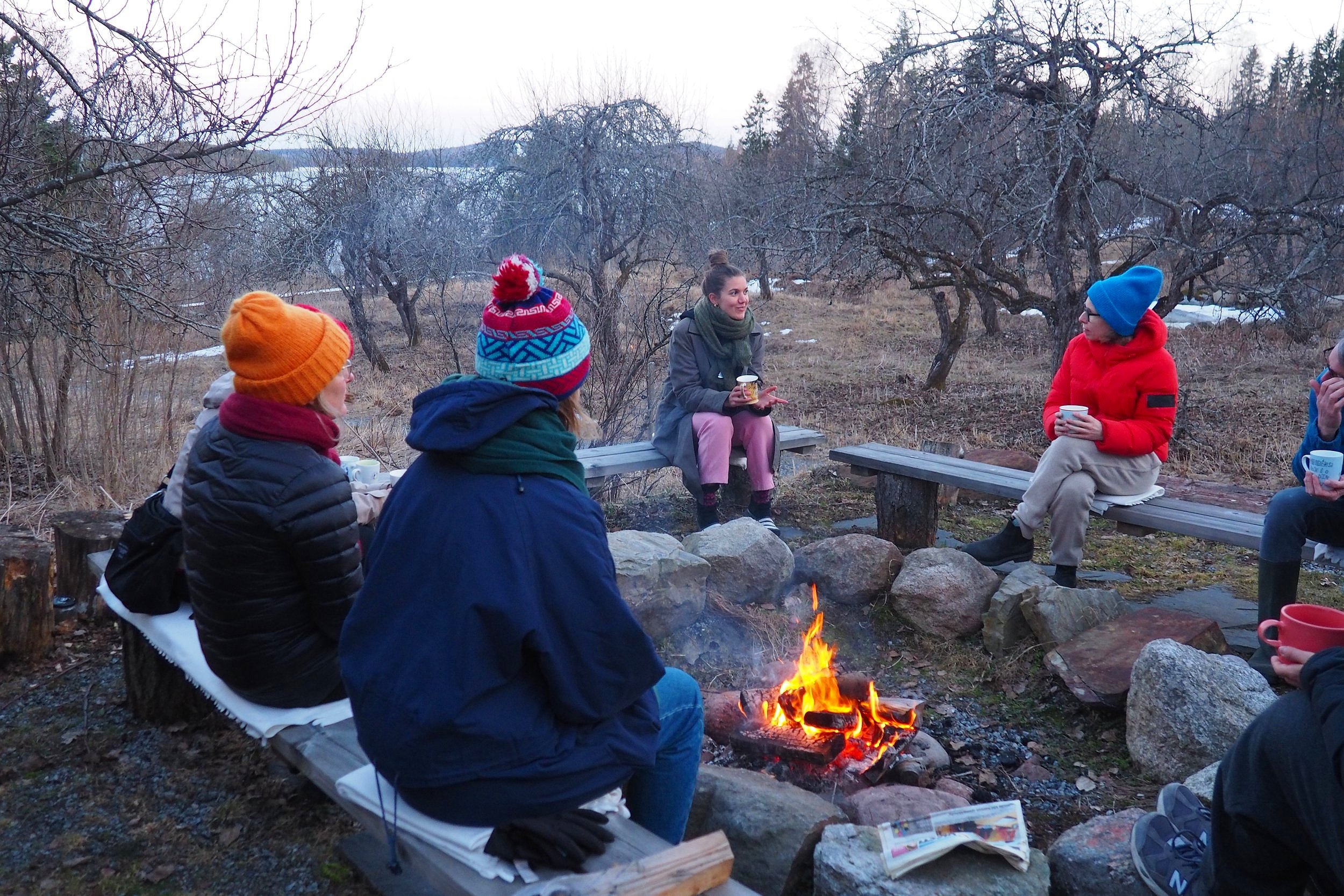  The group shares more-than-human encounter stories, whilst experiencing ceremonial cacao around the campfie 