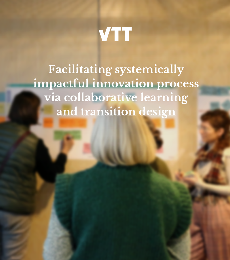 VTT iBEX innovation programme researchers gathered around transition design canvas in VTT faculties, photo covered with a text saying 'Facilitating systemically impactful innovation process via collaborative learning and transition design'.