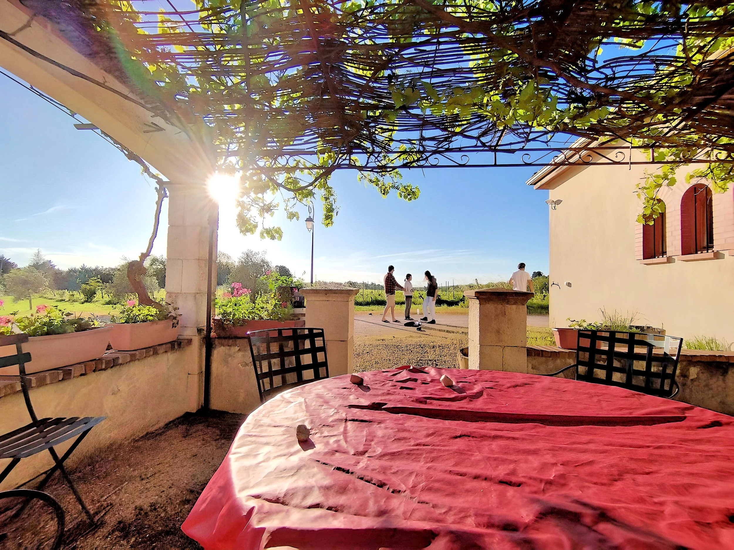 Une terrasse en extérieur avec une table recouverte d'une nappe rose, des chaises en métal, et un paysage ensoleillé avec un ciel bleu, des arbres et des personnes discutant au loin.