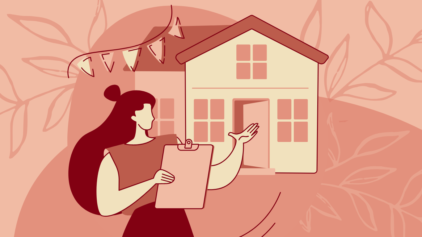 A graphic of a woman holding a clipboard gesturing towards a house in the background with an open door in various shades of pink and red