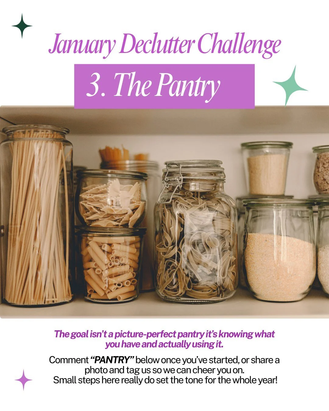 Next up is the pantry. This space can easily become overwhelming and make daily meals feel harder than they need to be.

Check expiration dates, let go of items you no longer use, and group like foods together so everything is easy to find. A refresh