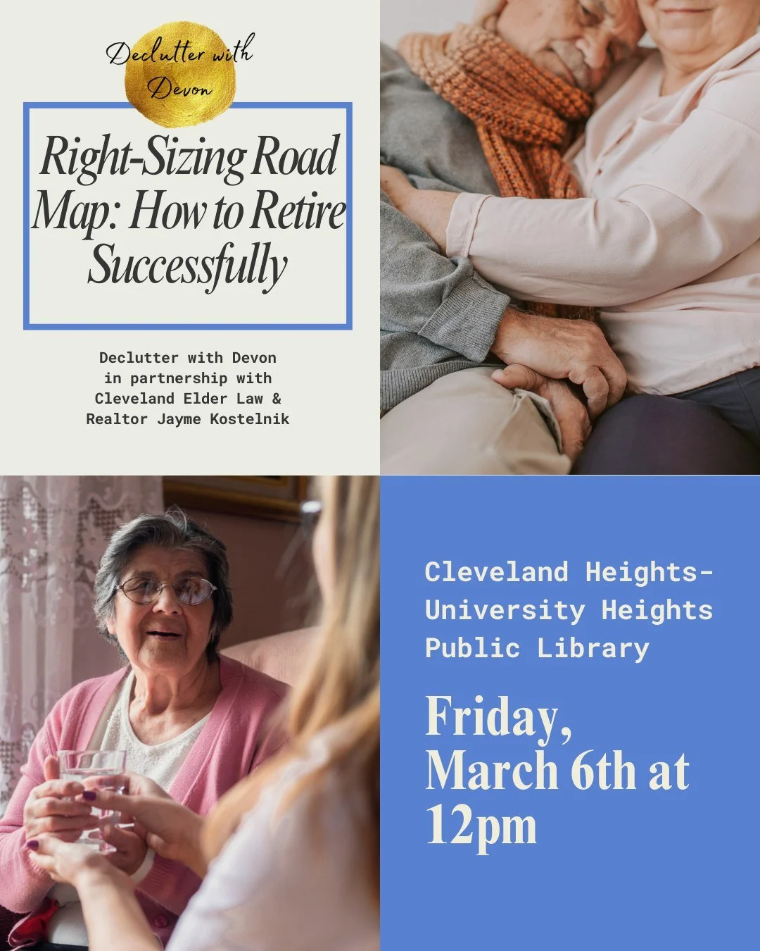 I&rsquo;ll be speaking at the Cleveland Heights-University Heights Public Library on Friday, March 6th, at 12 PM as part of their Dementia Friendly First Fridays series.

In partnership with Cleveland Elder Law, Jayme Kostelnik, we&rsquo;ll be talkin