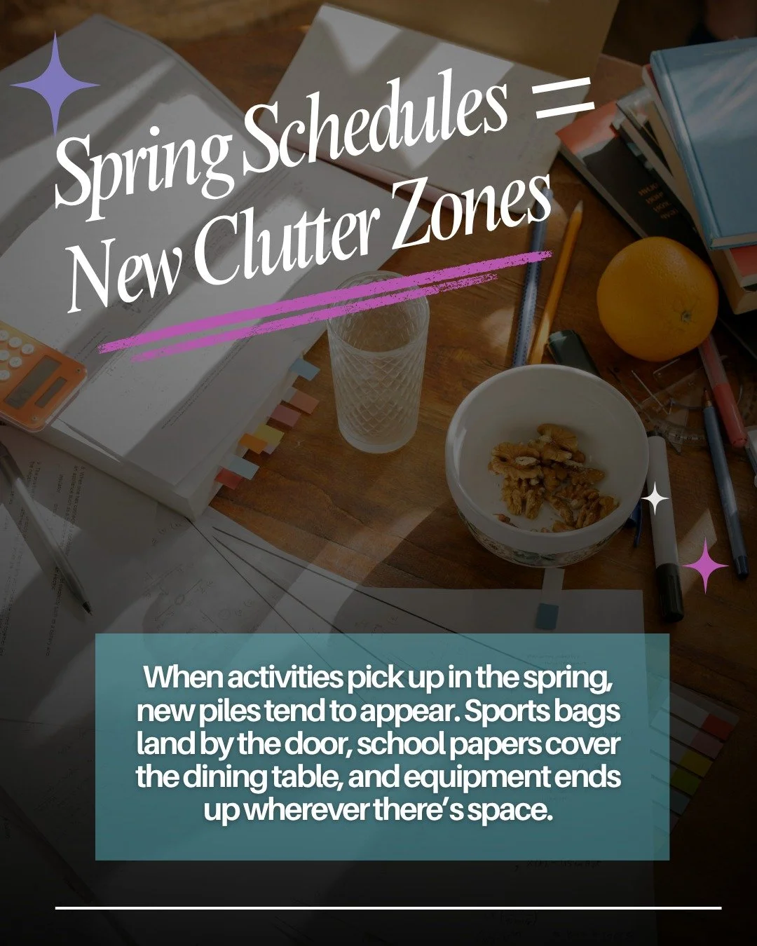 Spring Schedules = New Clutter Zones 🌷

When activities pick up in the spring, new piles tend to appear. Sports bags land by the door, school papers cover the dining table, and equipment ends up wherever there&rsquo;s space.

If your home is startin
