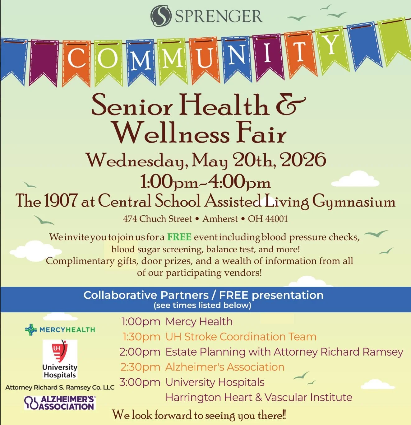 PSA: I'm going to this Wednesday and you should come too! 🙌

FREE Senior Health &amp; Wellness Fair hosted by Sprenger &mdash; health screenings, expert presentations, door prizes, and more.

📅 May 20th | 1&ndash;4pm
📍 474 Church Street, Amherst O